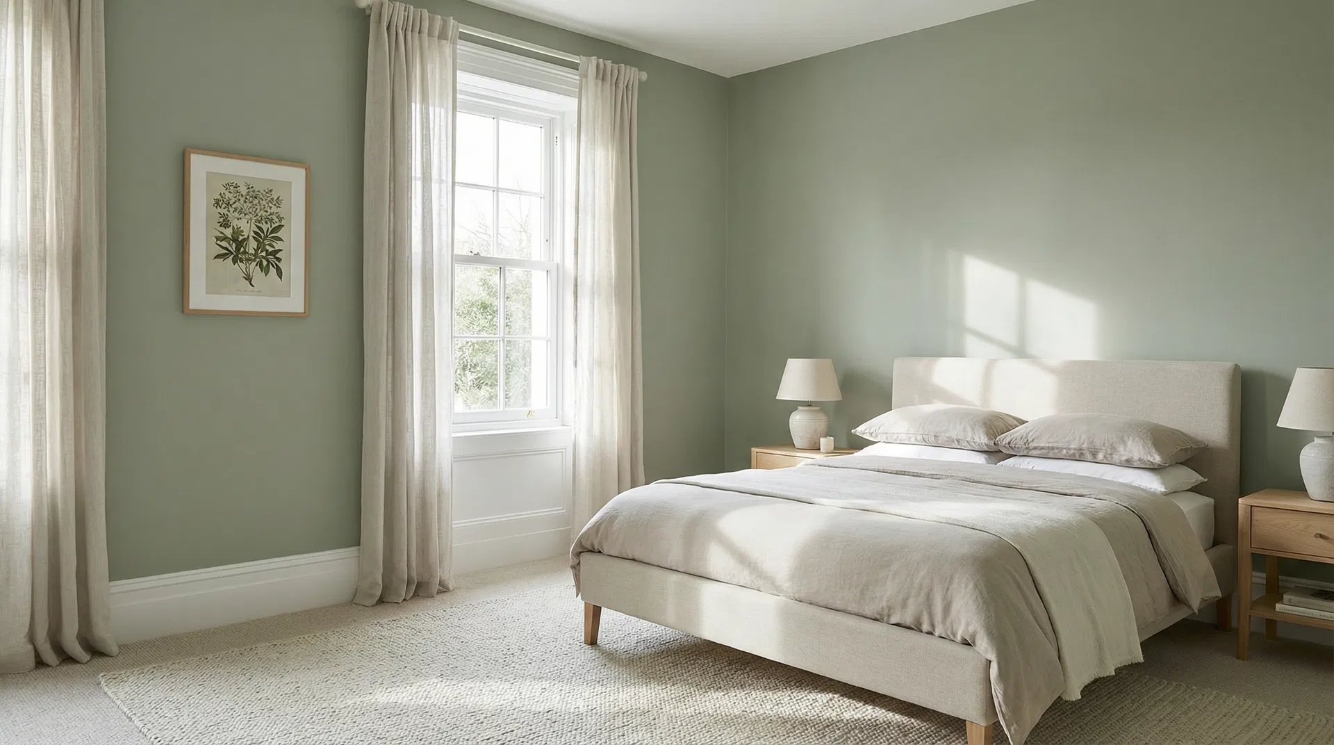 Freshly painted bedroom in sage green with perfect finish