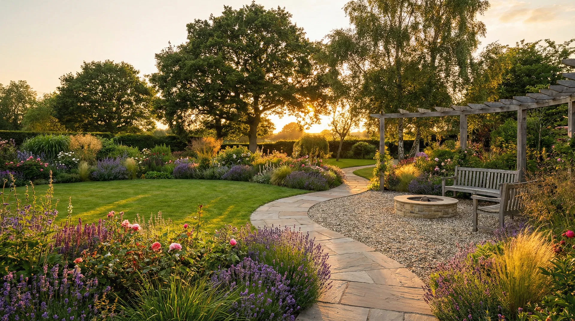 Beautiful landscaped garden with stone pathways