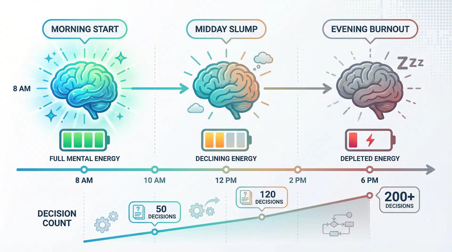 Mental energy depletion timeline throughout the workday