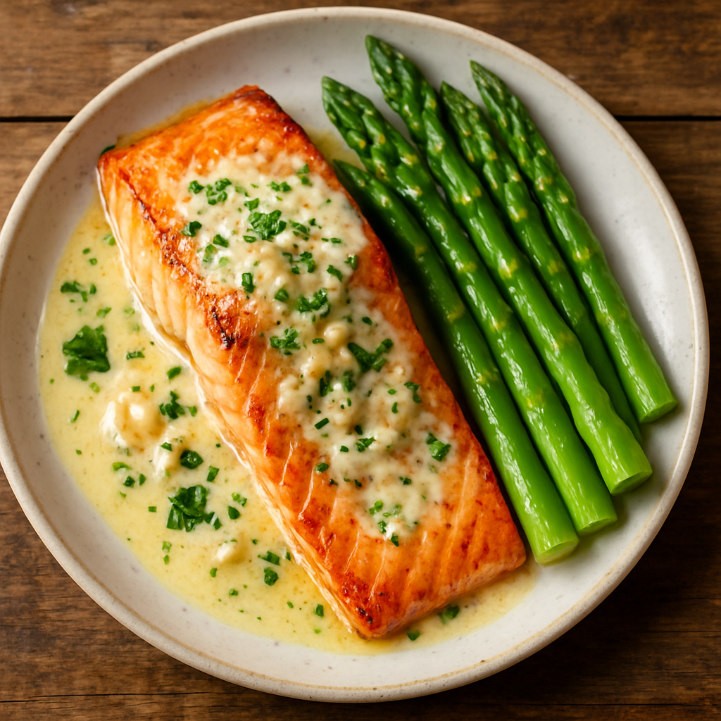 Creamy Garlic Butter Salmon with Asparagus