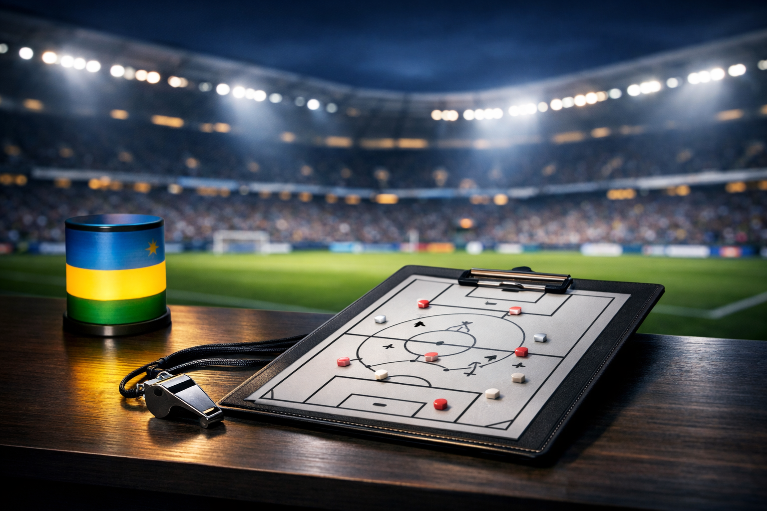 Featured Image: Coaching Clipboard and Rwanda Flag in a Stadium