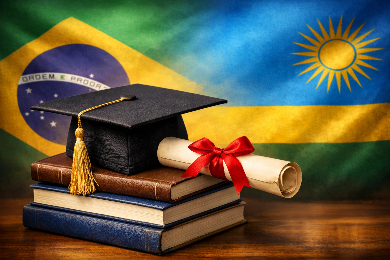 Featured Image: Graduation Cap and Diploma with Brazil and Rwanda Flags
