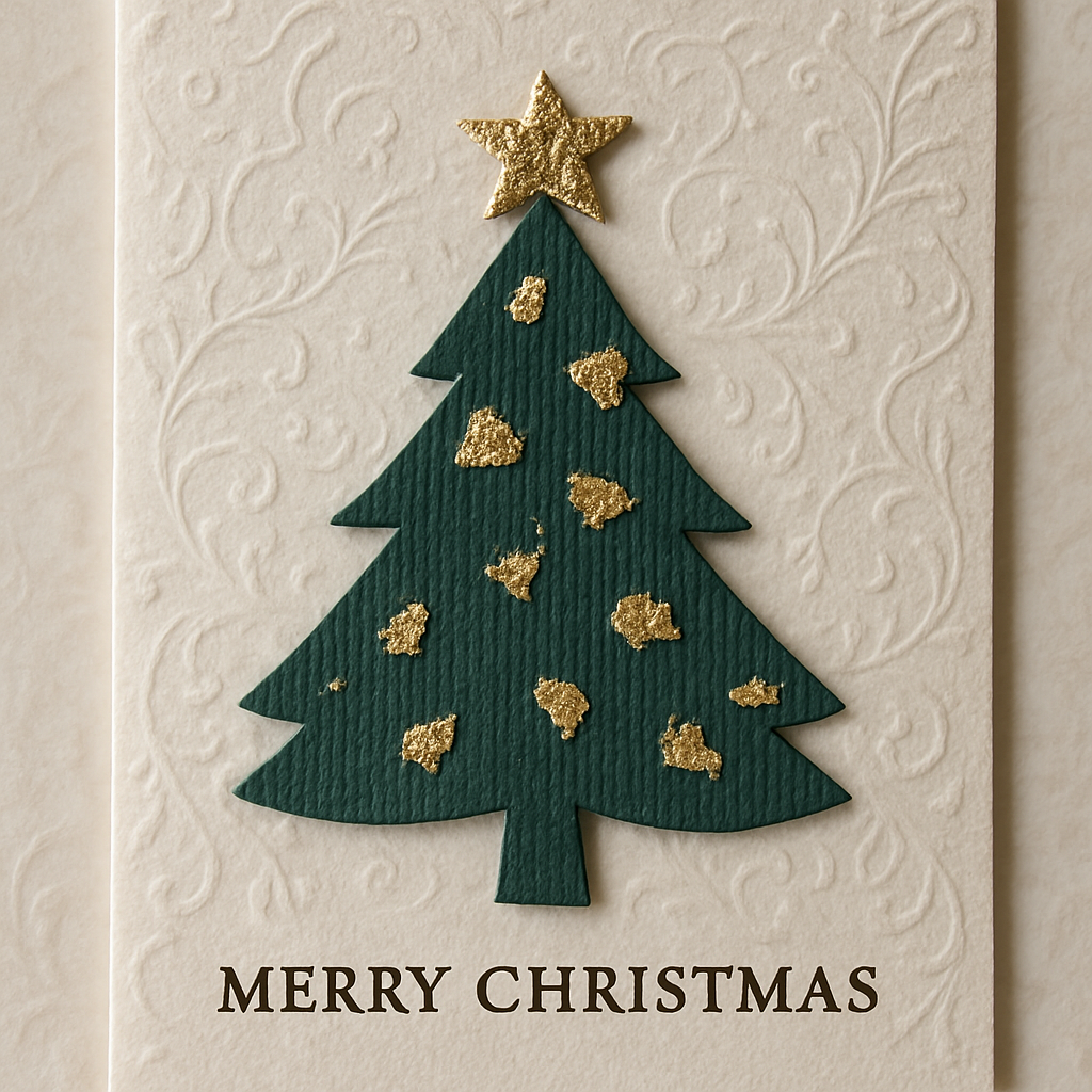 Cartão Elegante com Pinheiro em Relevo e Folha de Ouro
