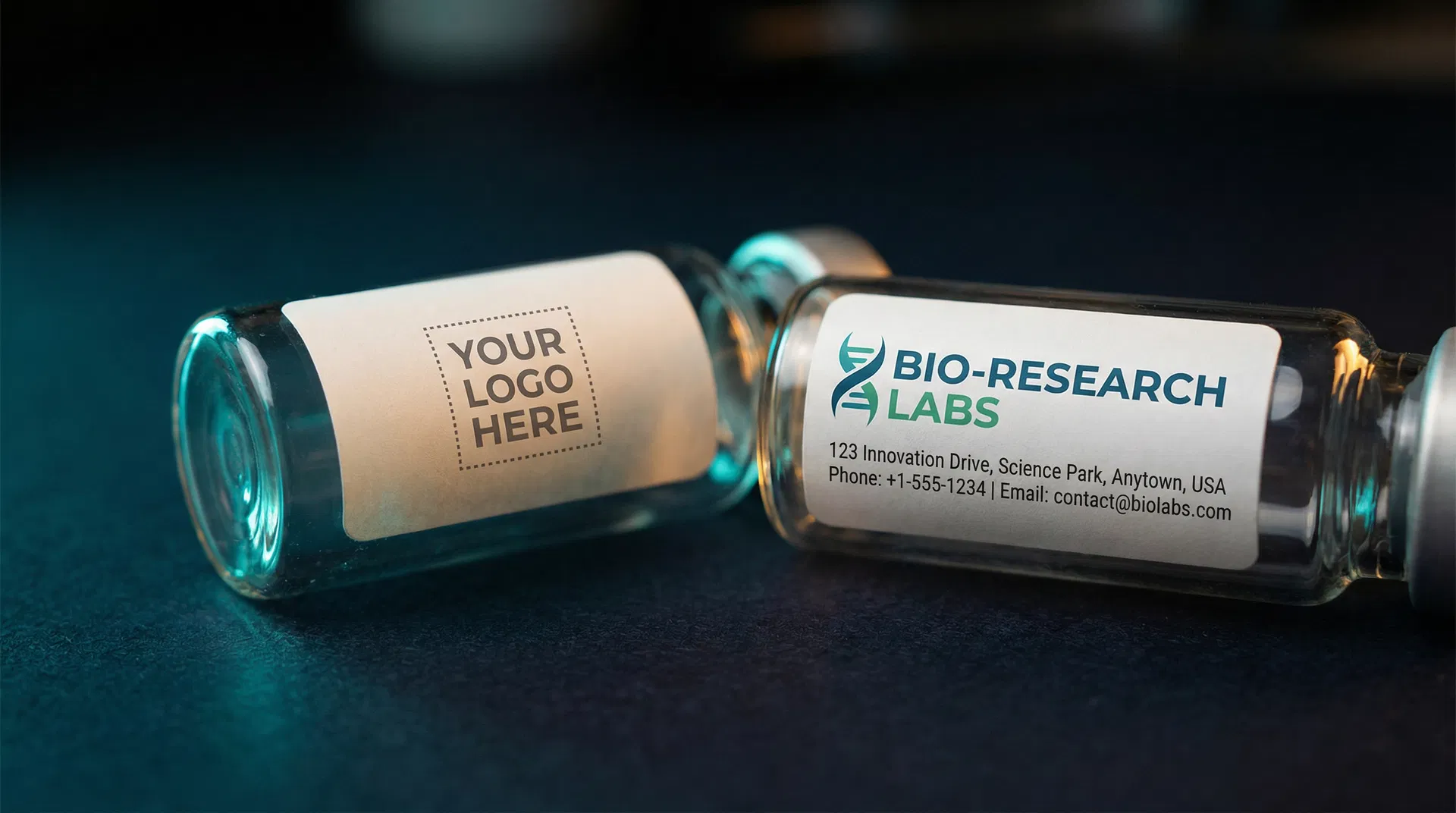 Before and after label branding — blank template vial next to branded vial