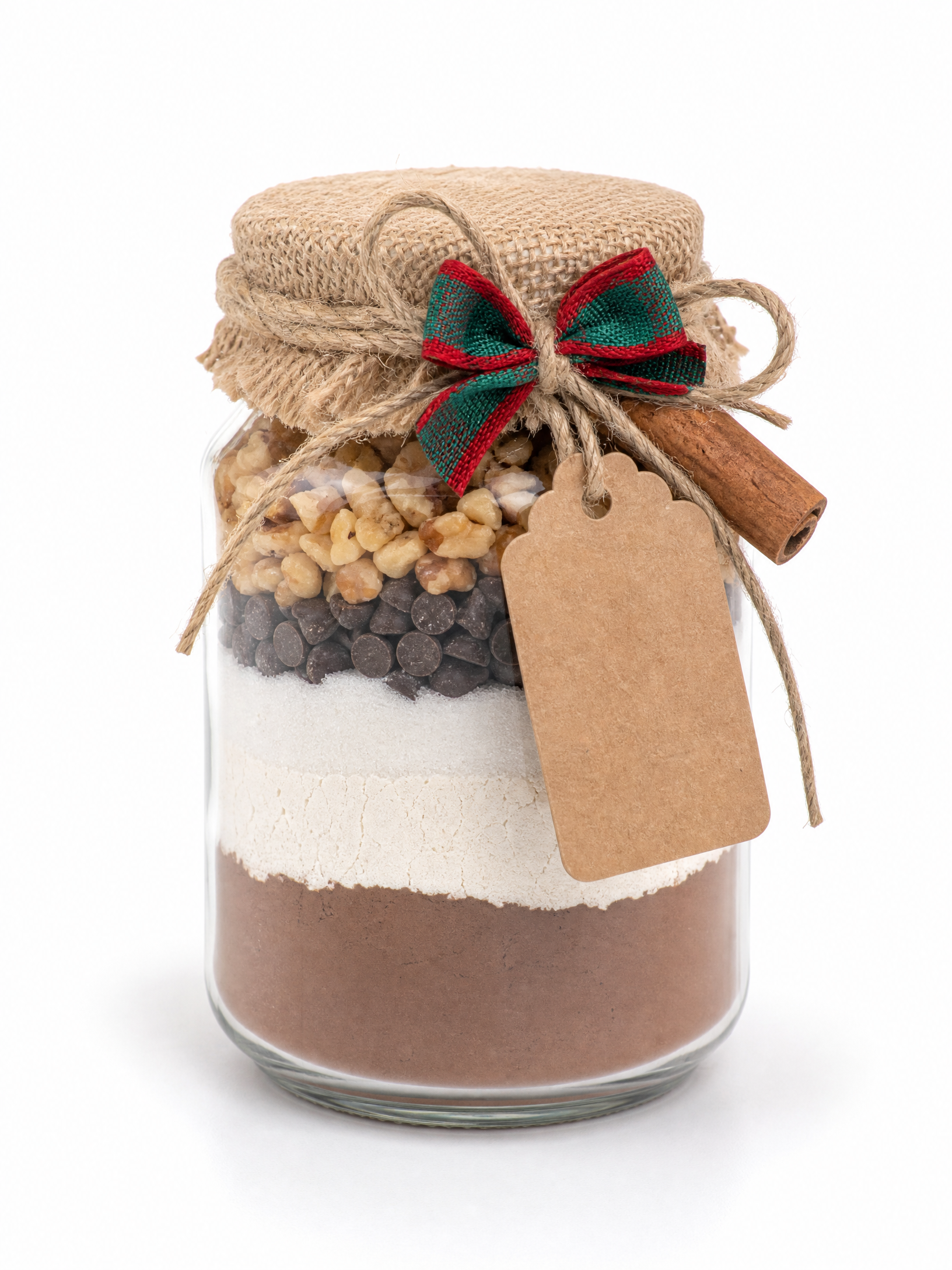 Pote de brownie artesanal em vidro com laço natalino, fundo branco