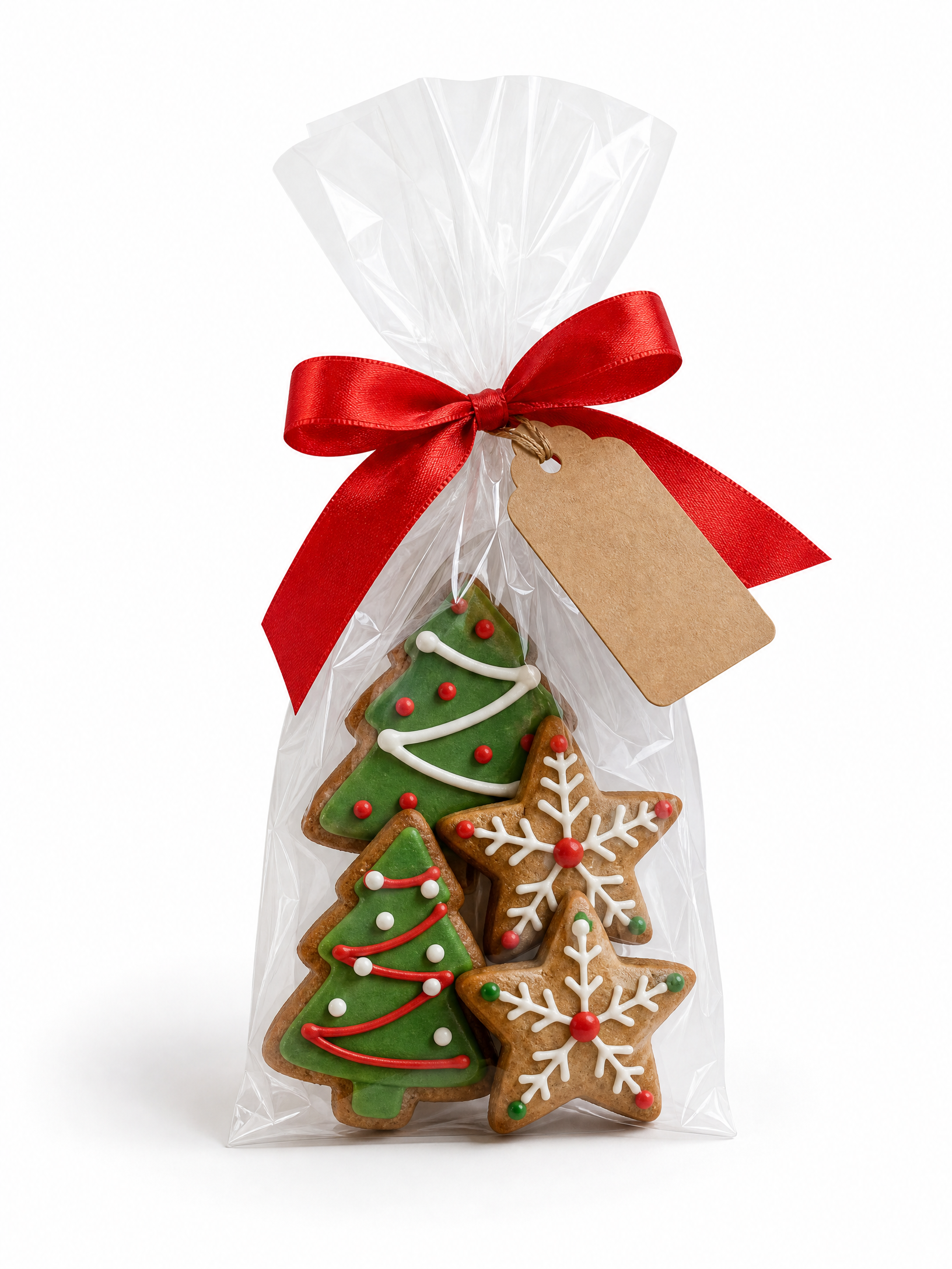 Saquinho transparente com biscoitos natalinos decorados, fundo branco