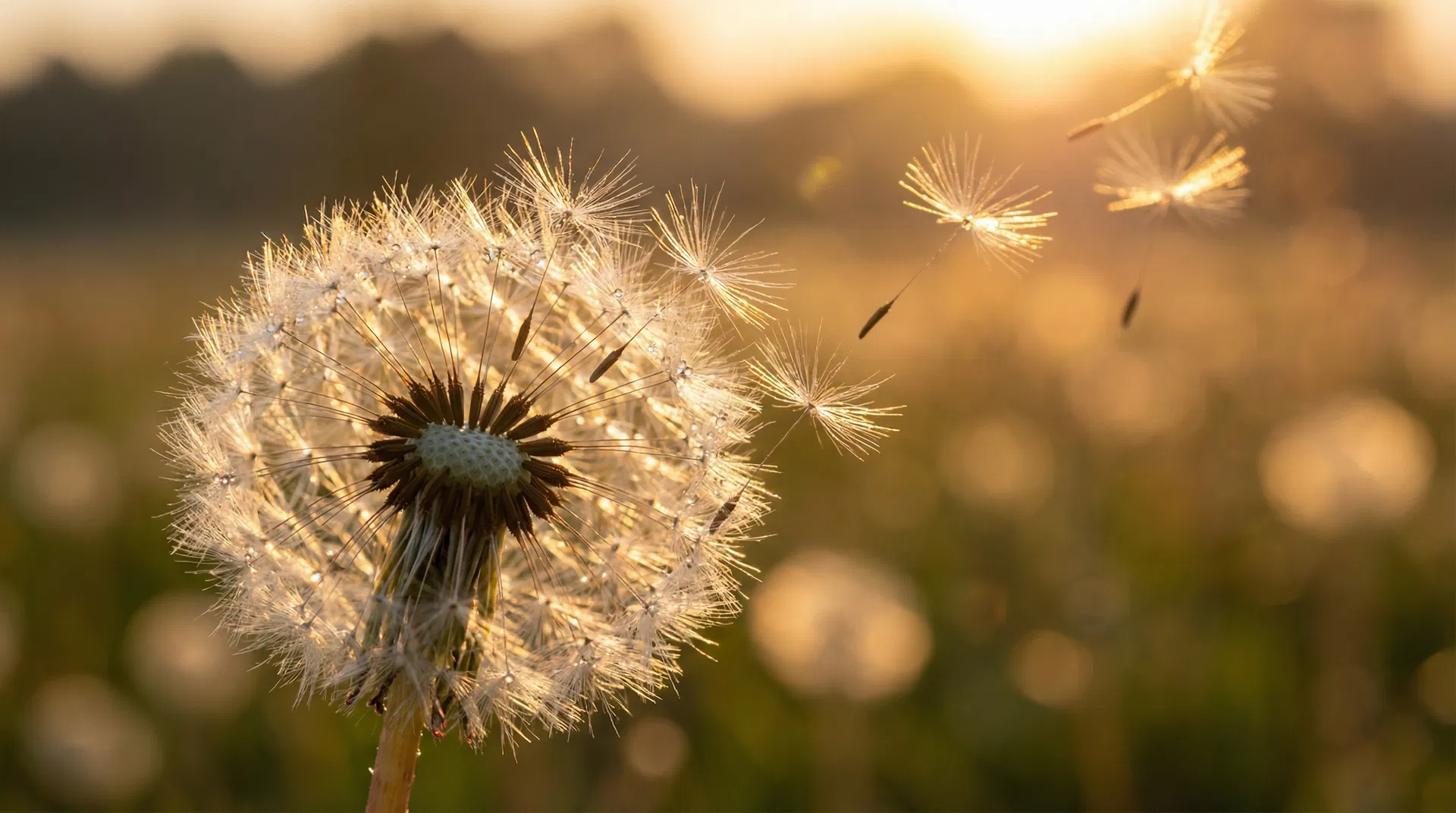 Pusteblume im goldenen Licht, deren Samen sanft vom Wind davongetragen werden – Symbol für Loslassen und Leichtigkeit