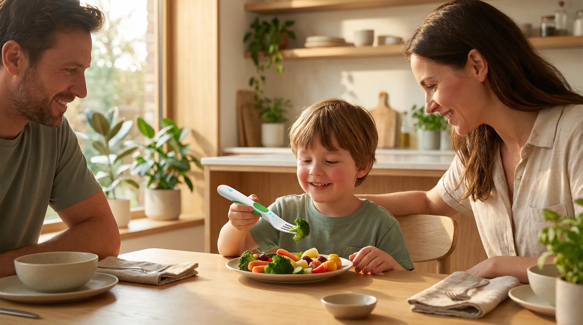 Happy family using ForkiePal at mealtime