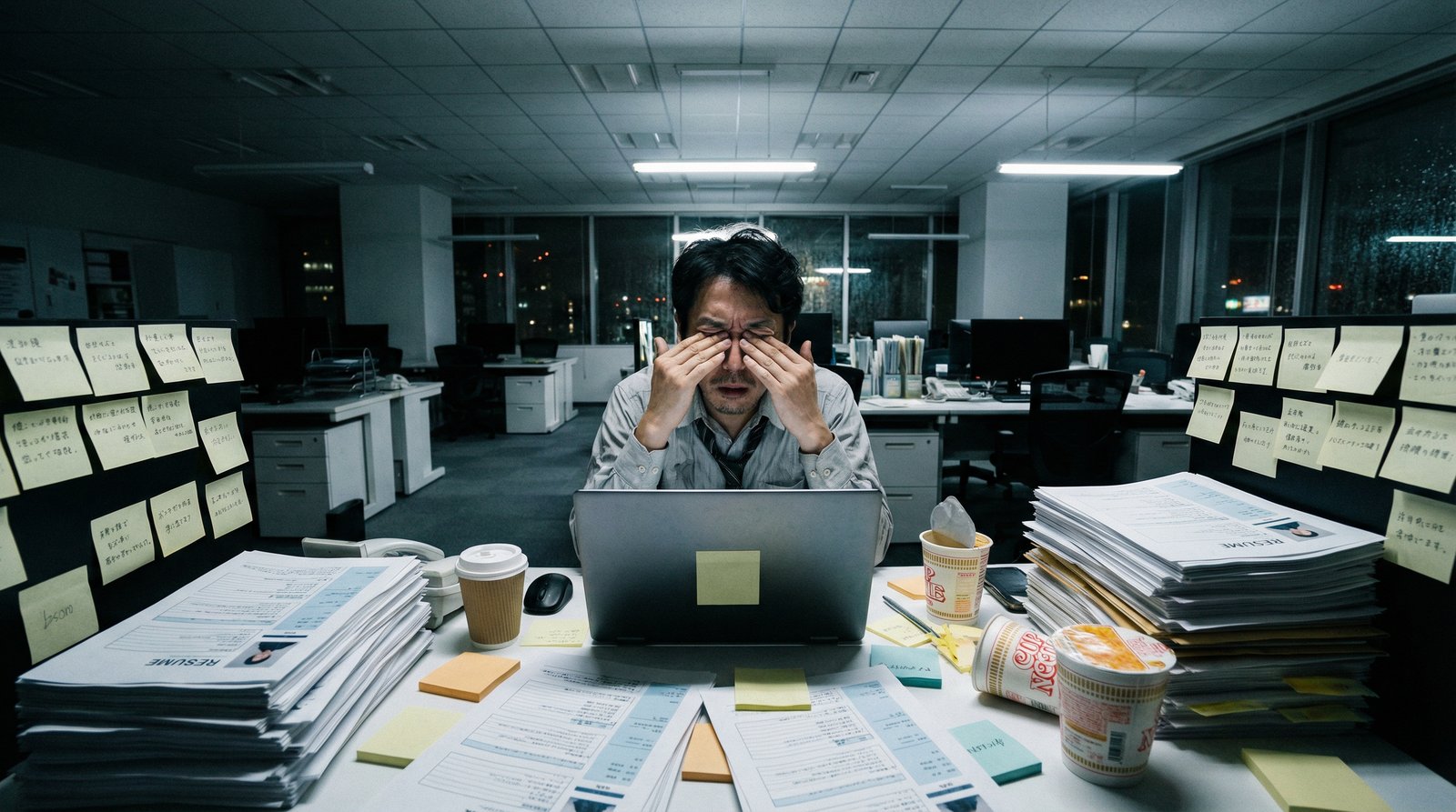 深夜のオフィスで書類の山に埋もれ疲弊する担当者の場面