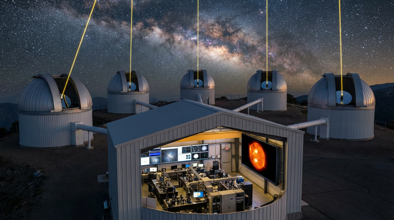 Representação do interferômetro CHARA Array, com seus múltiplos telescópios apontados para o céu noturno.