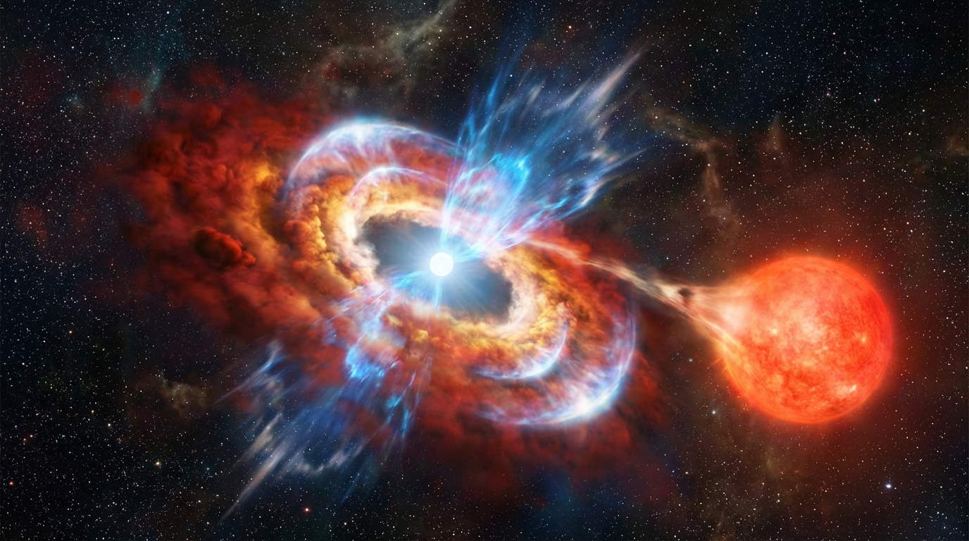 Ilustração artística de uma nova, mostrando múltiplos fluxos de matéria sendo ejetados de uma estrela anã branca em um sistema binário.