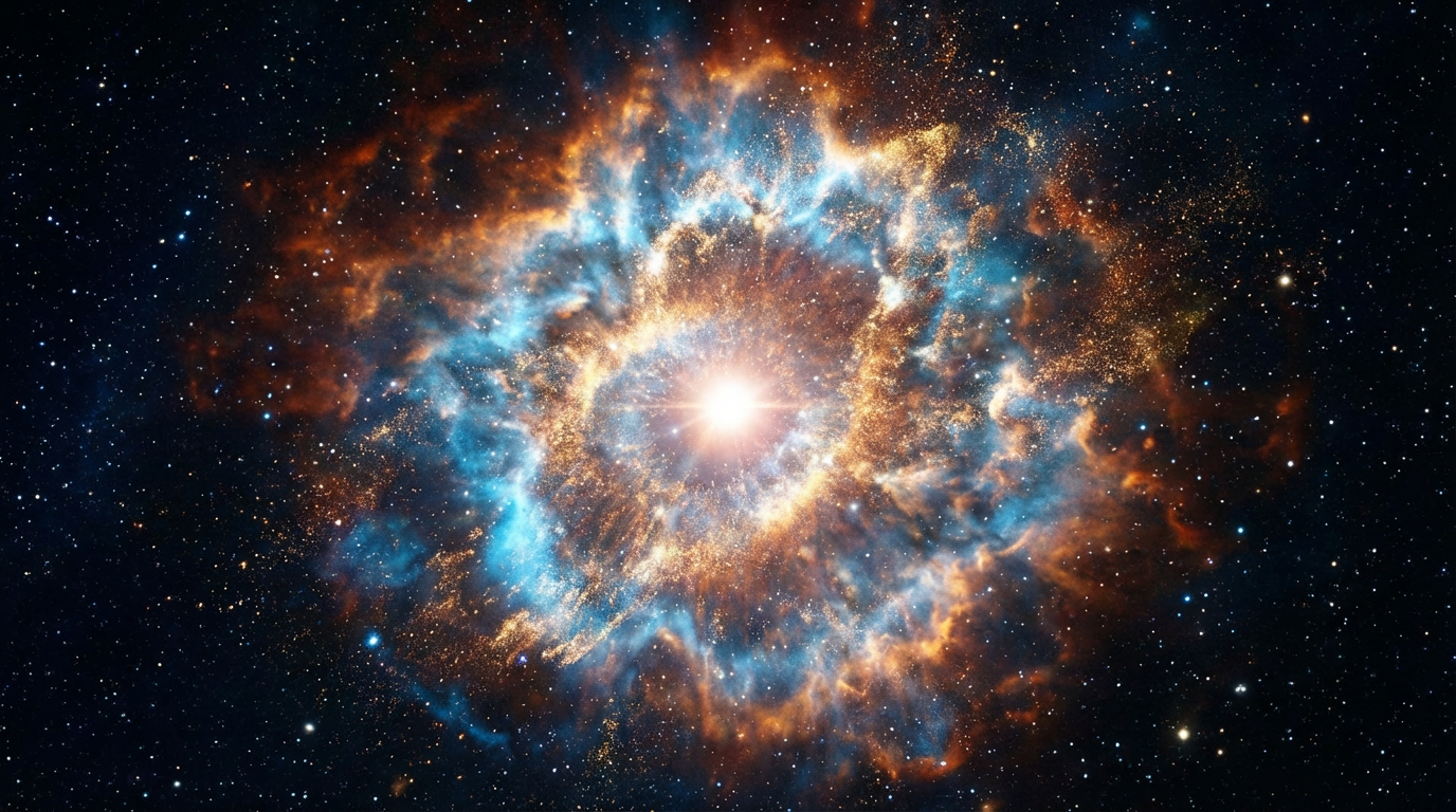 Explosão de uma nova com cores vibrantes e dramáticas, mostrando a matéria ejetada se expandindo rapidamente pelo espaço.