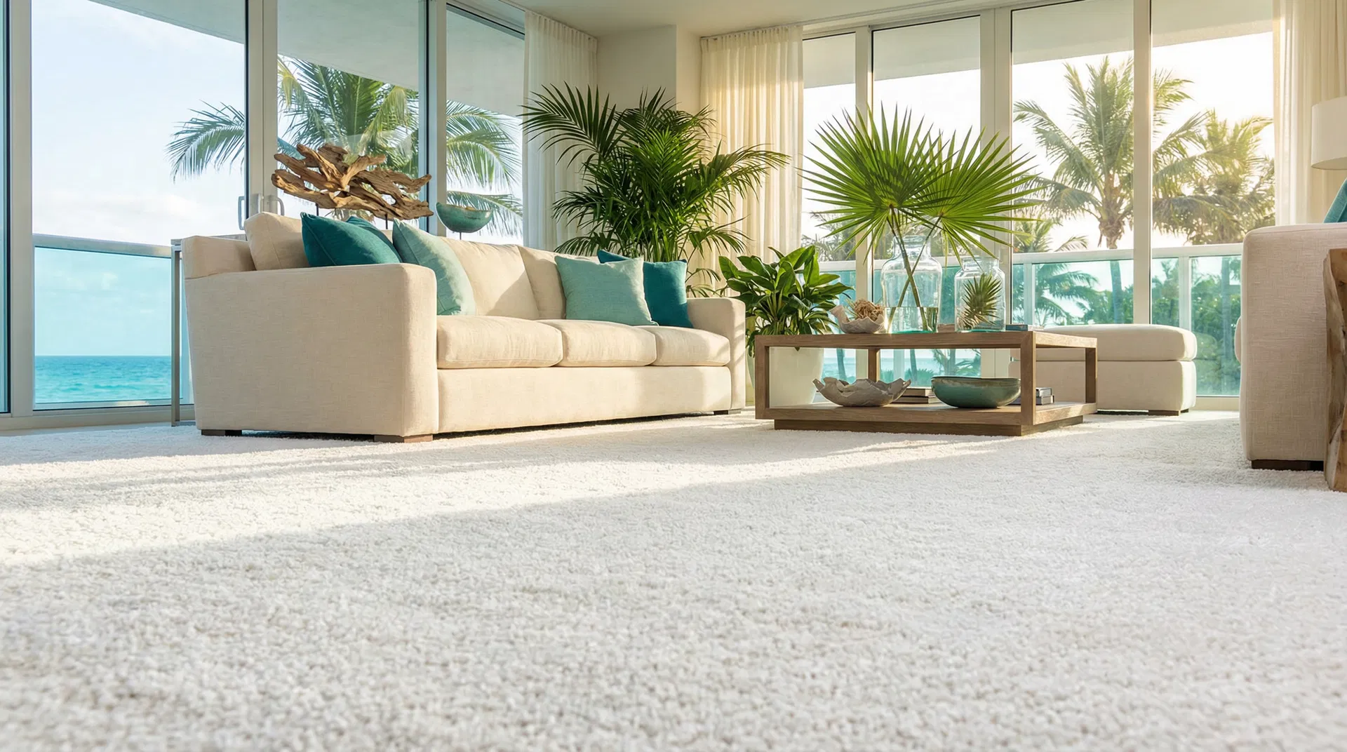 Pristine South Florida living room with clean white carpet and modern furnishings — professional cleaning by Steamly Pro LLC
