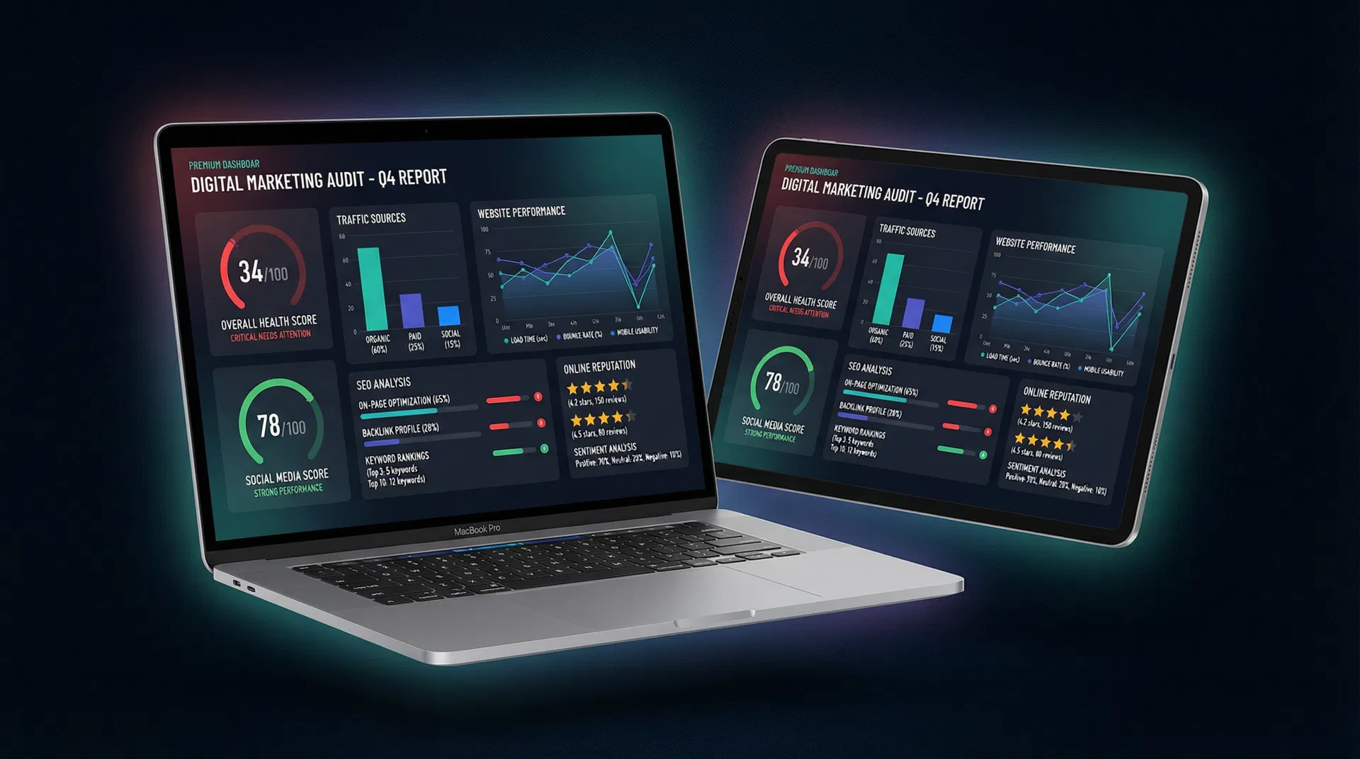 AI Marketing Audit Report Preview showing SEO scores, traffic analysis, and performance metrics