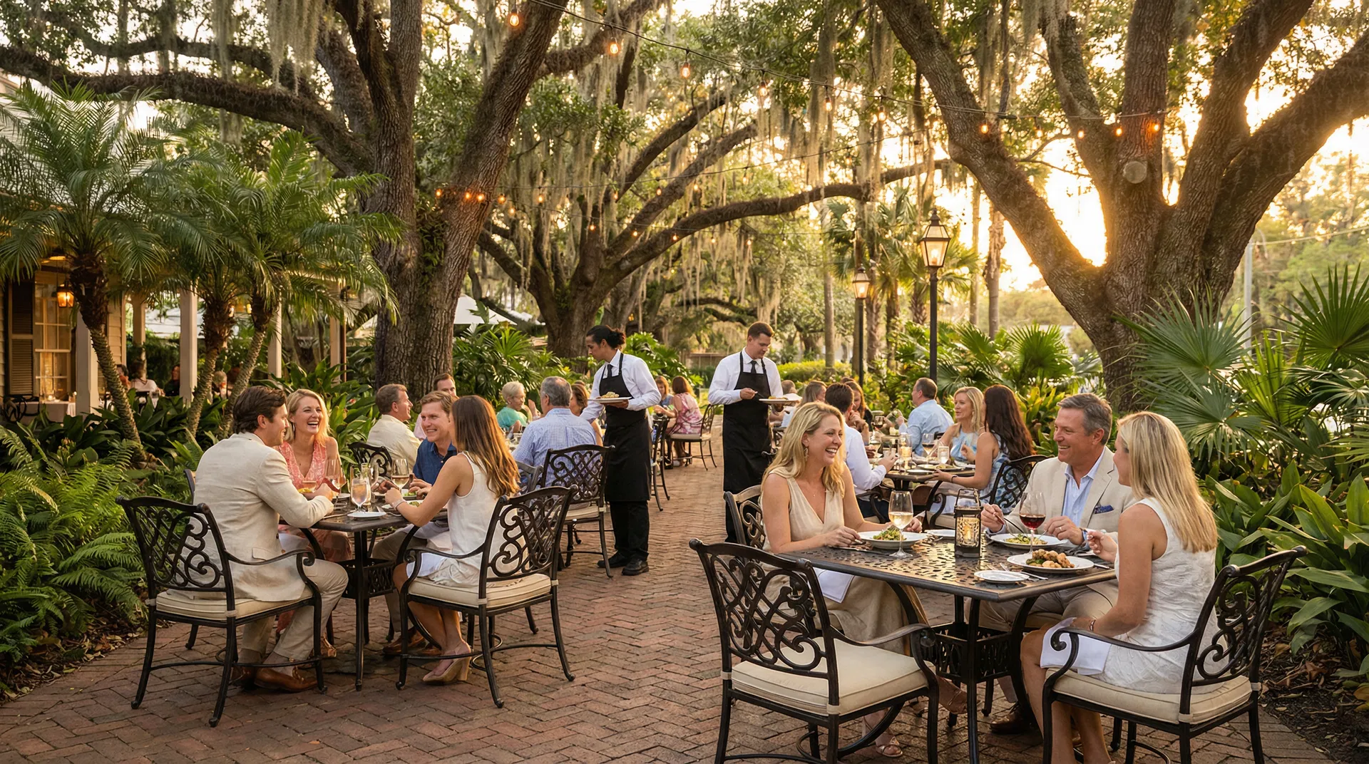 Louisiana restaurant outdoor patio with guests and staff
