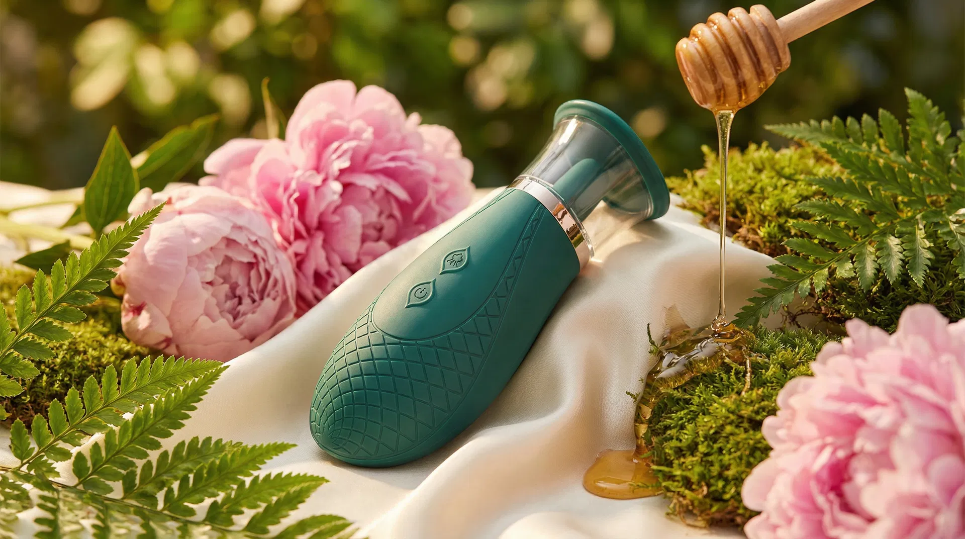 Honey Pistil tongue-licking suction vibrator nestled among botanical flowers, honey, and ferns