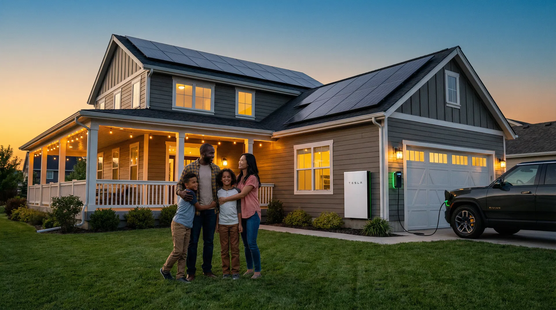 Family in front of modern home with solar panels, battery storage, and EV charger