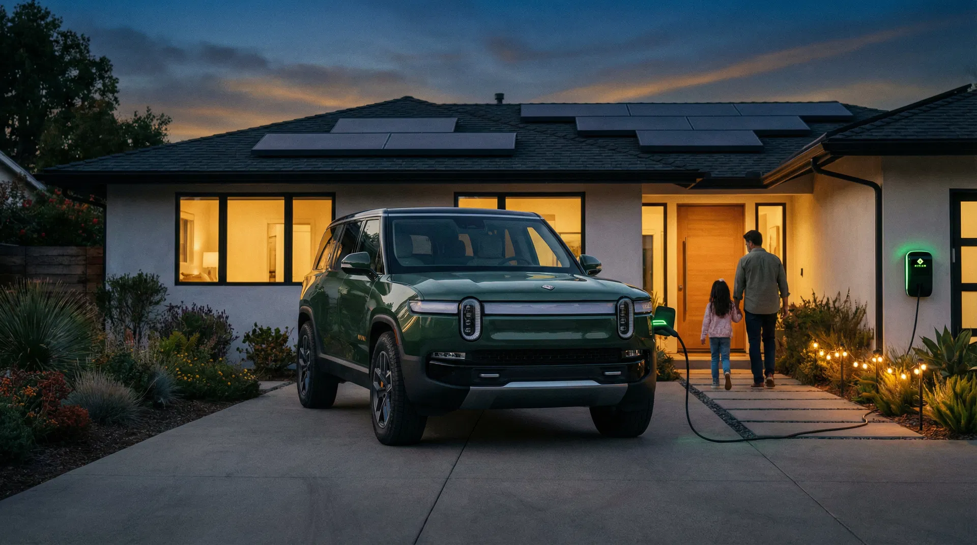 Electric vehicle charging in driveway at twilight