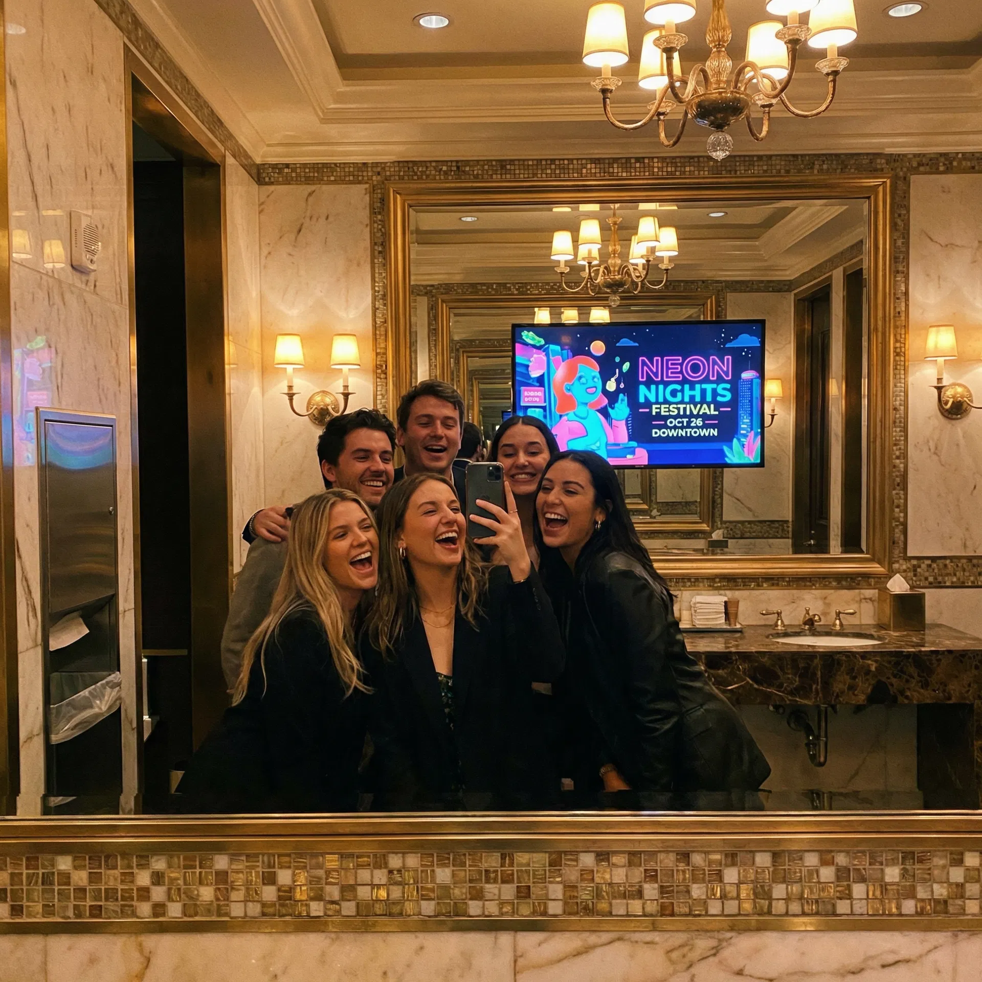 Friends taking a mirror selfie