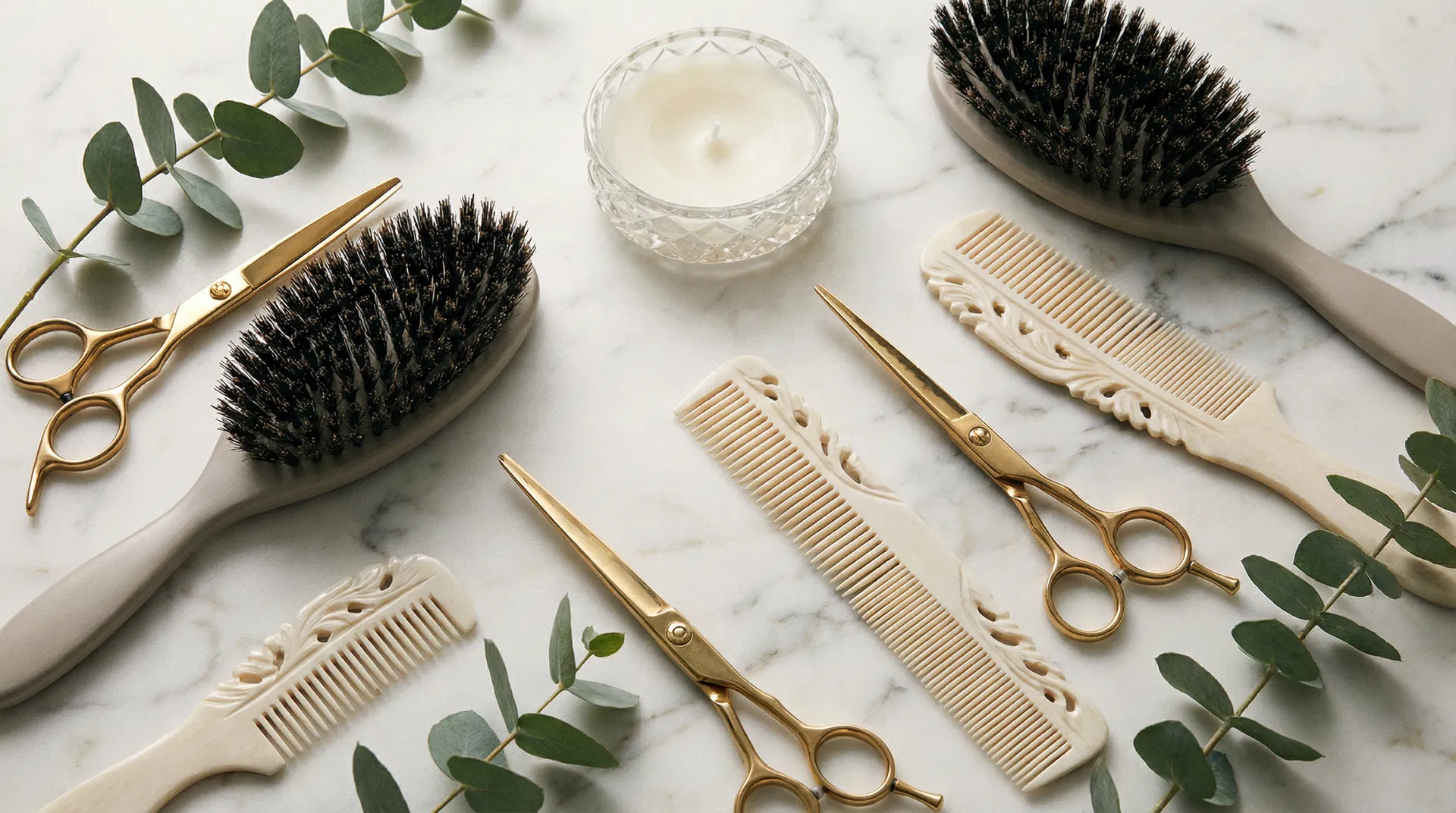 Professional hair styling tools on marble surface at Warren Tricomi luxury salon in New York City