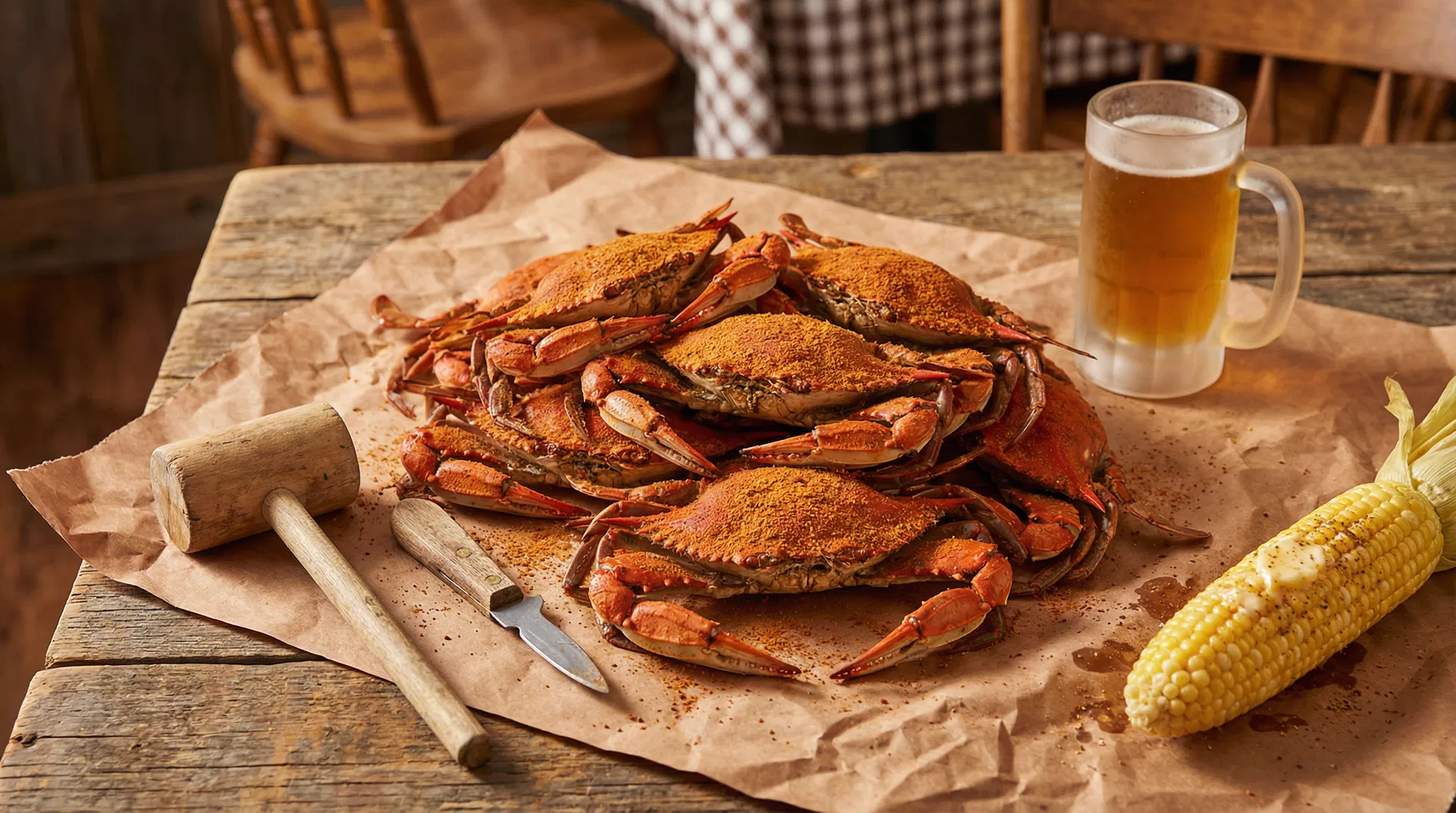 Steamed Maryland Blue Crabs with Old Bay seasoning, corn, and beer