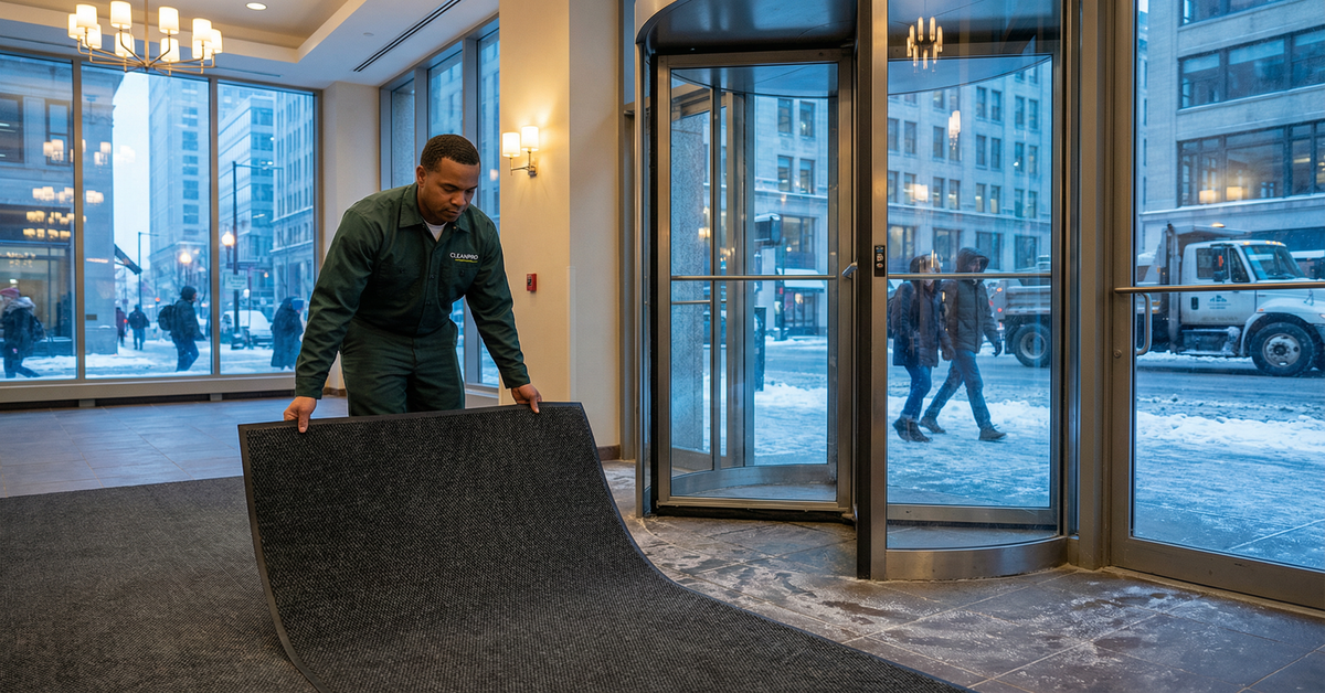 Greenly PRO commercial cleaning technician placing preventative entrance matting in a Boston commercial building lobby during winter, protecting floors from salt and slush damage — commercial cleaning service Massachusetts