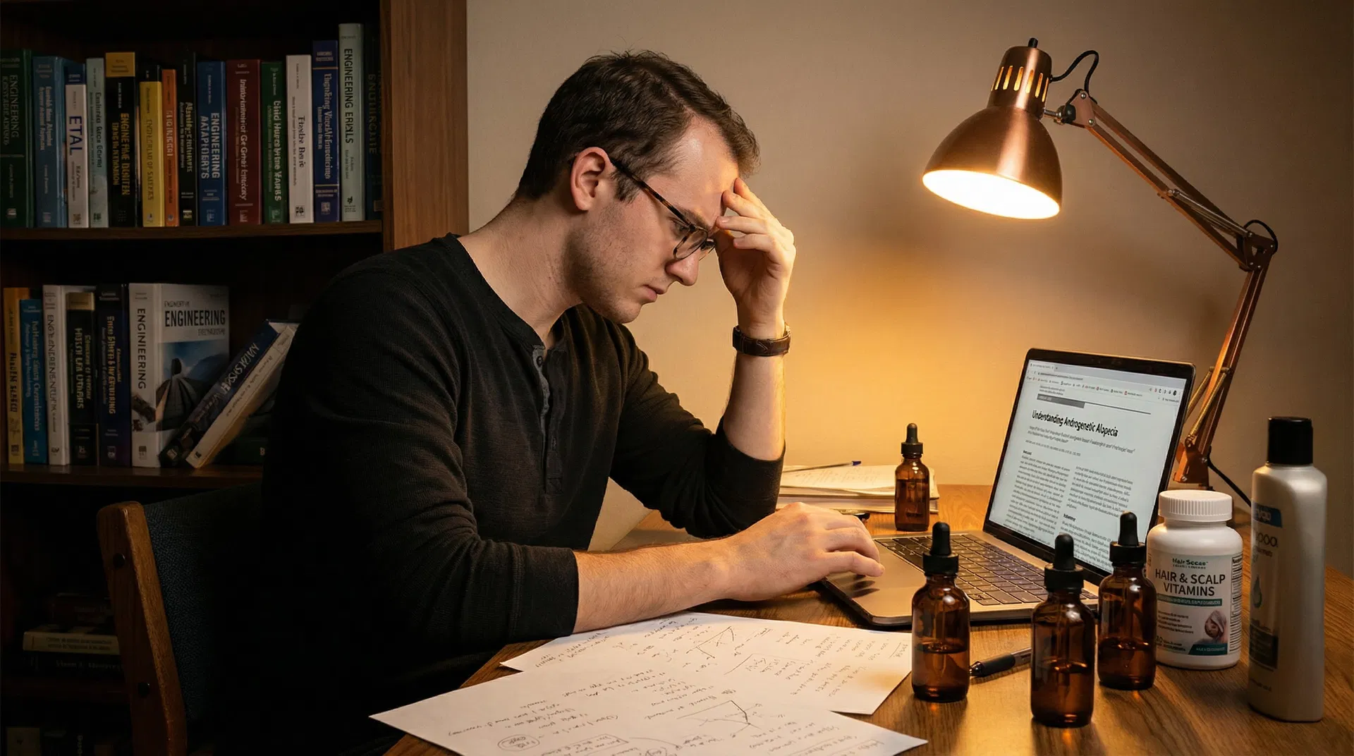 Late night research — an engineer surrounded by hair loss products and research papers