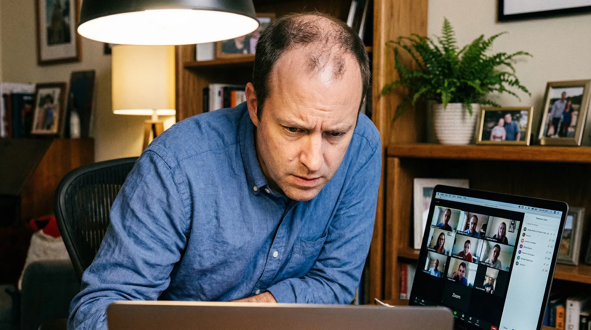 Man at home office desk staring at laptop during a Zoom call, overhead lighting highlighting thinning hair