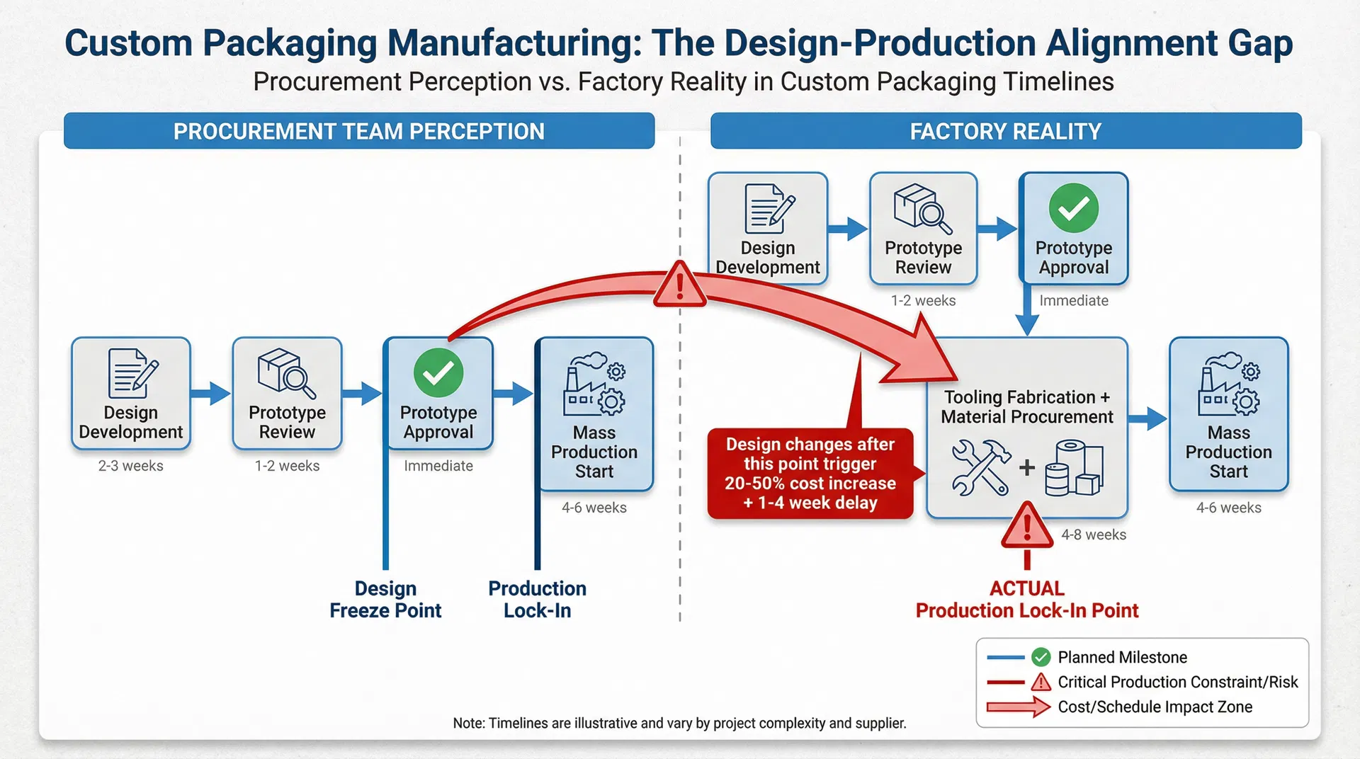 Timeline diagram comparing procurement team perception vs factory reality of design freeze and production lock-in points in custom packaging manufacturing
