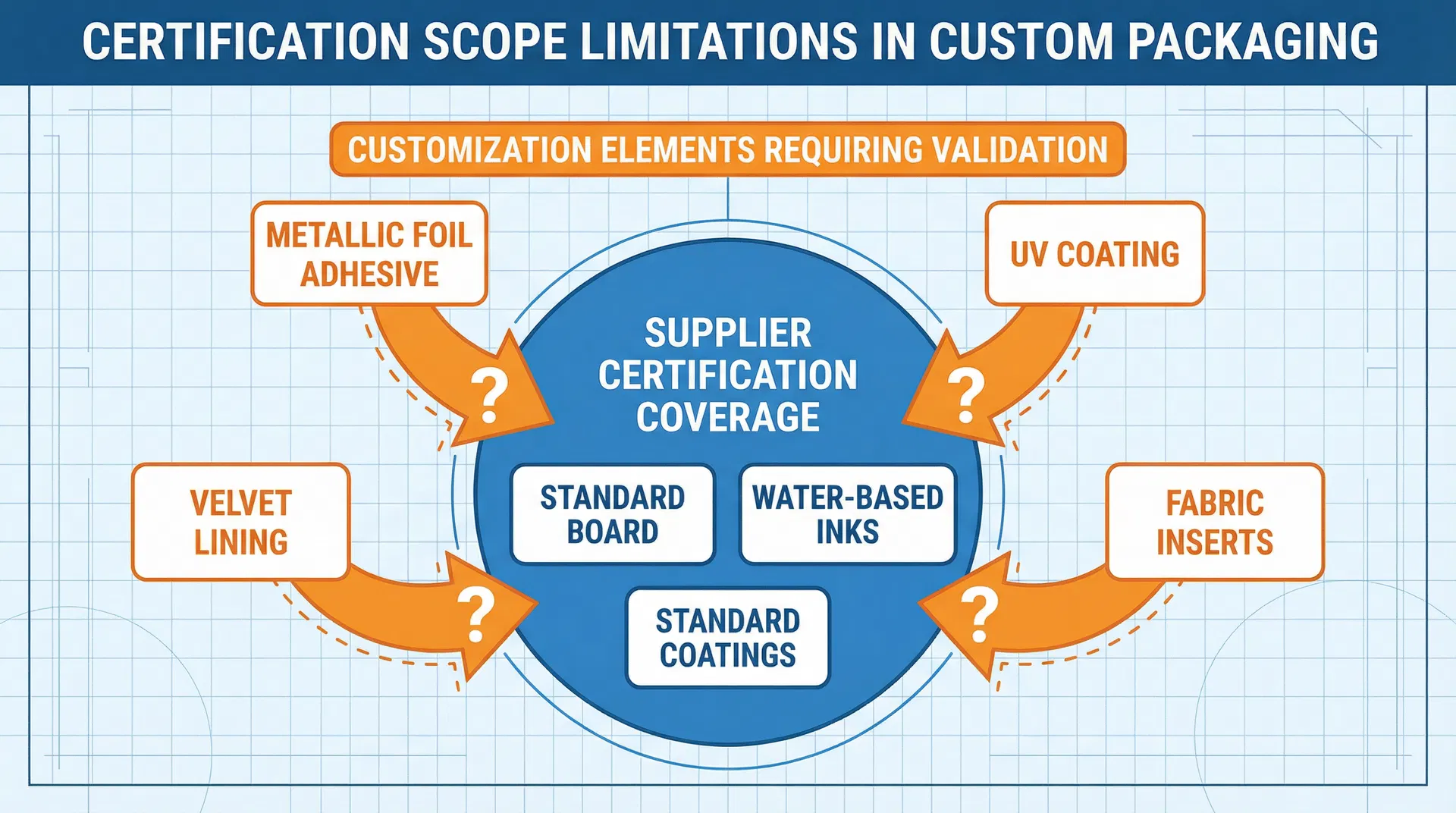 Diagram showing supplier certification coverage for standard materials versus customization elements requiring validation, including metallic foil adhesive, UV coating, velvet lining, and fabric inserts