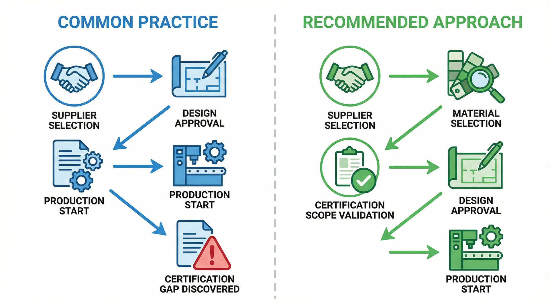 Process flow comparison showing common practice of discovering certification gaps during production versus recommended approach of validating certification scope before design approval