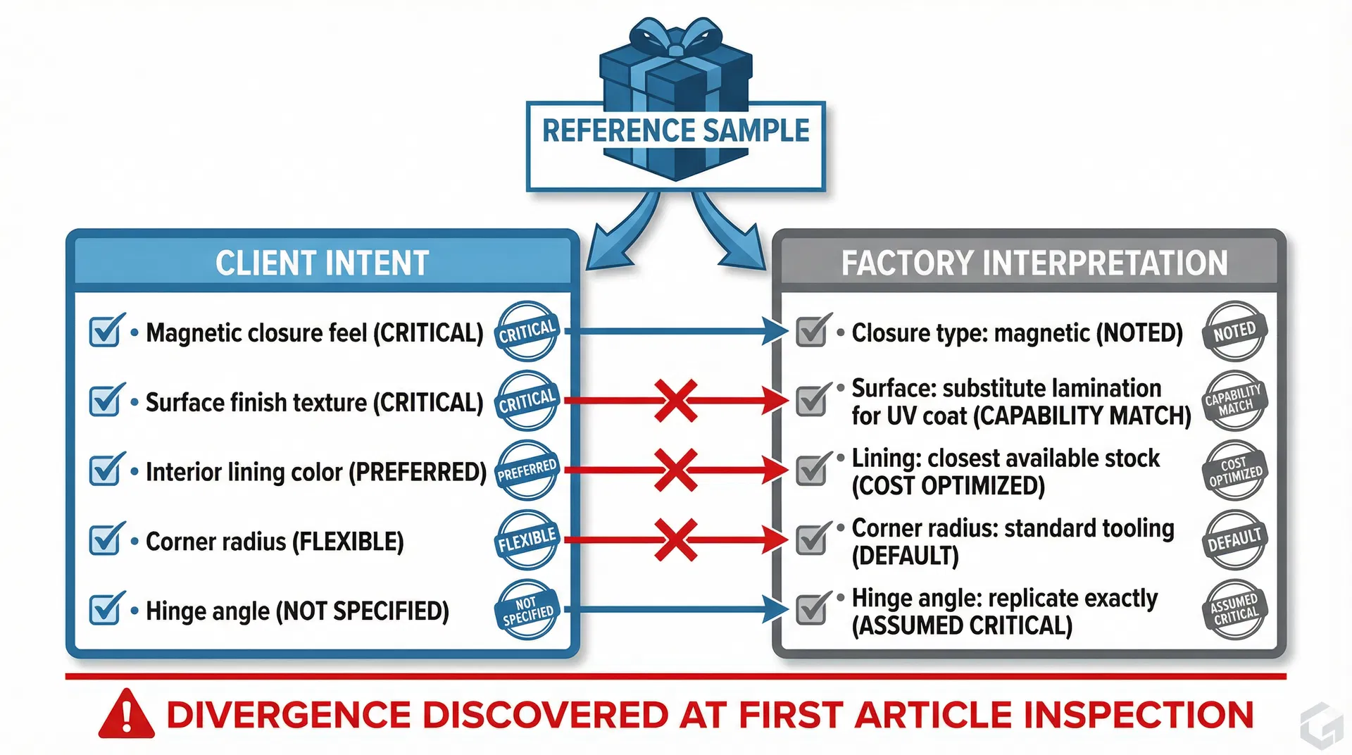 Diagram illustrating how a single reference sample is interpreted differently by procurement teams and factory production engineers based on their respective priorities