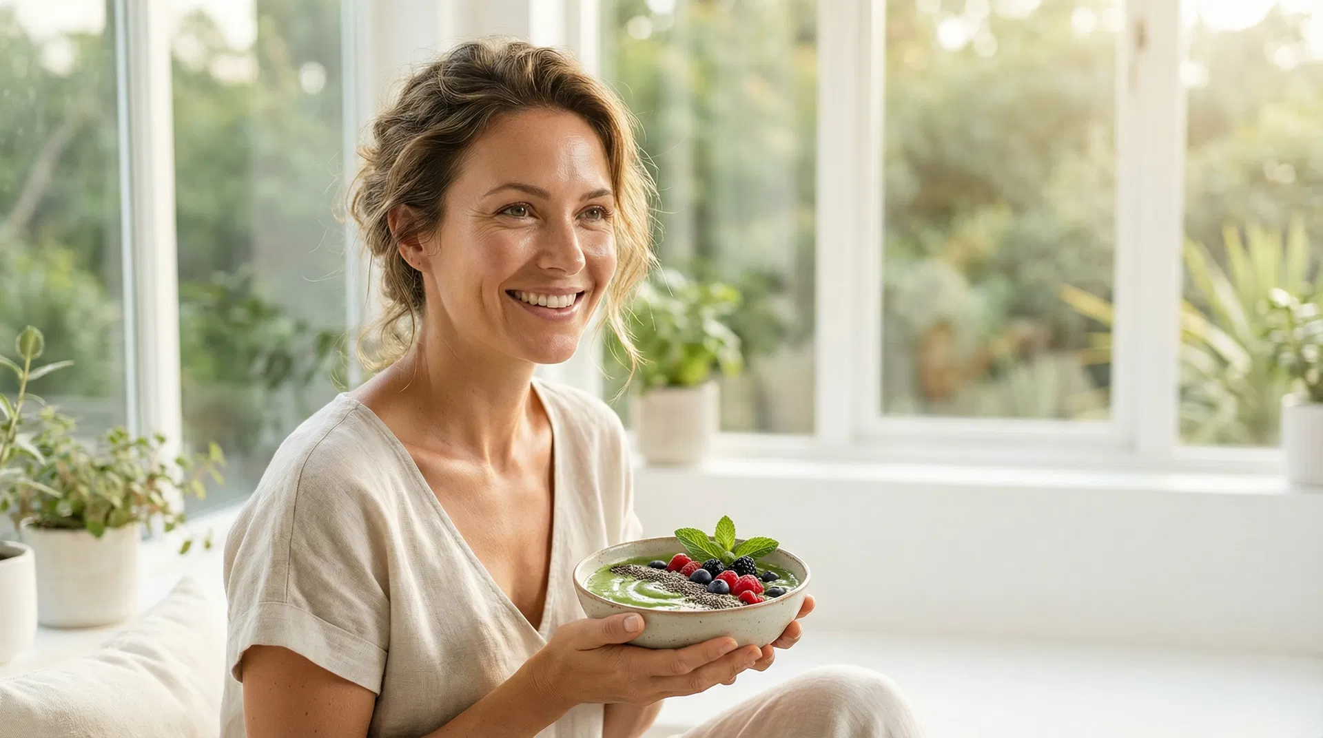 Mulher sorrindo com smoothie verde