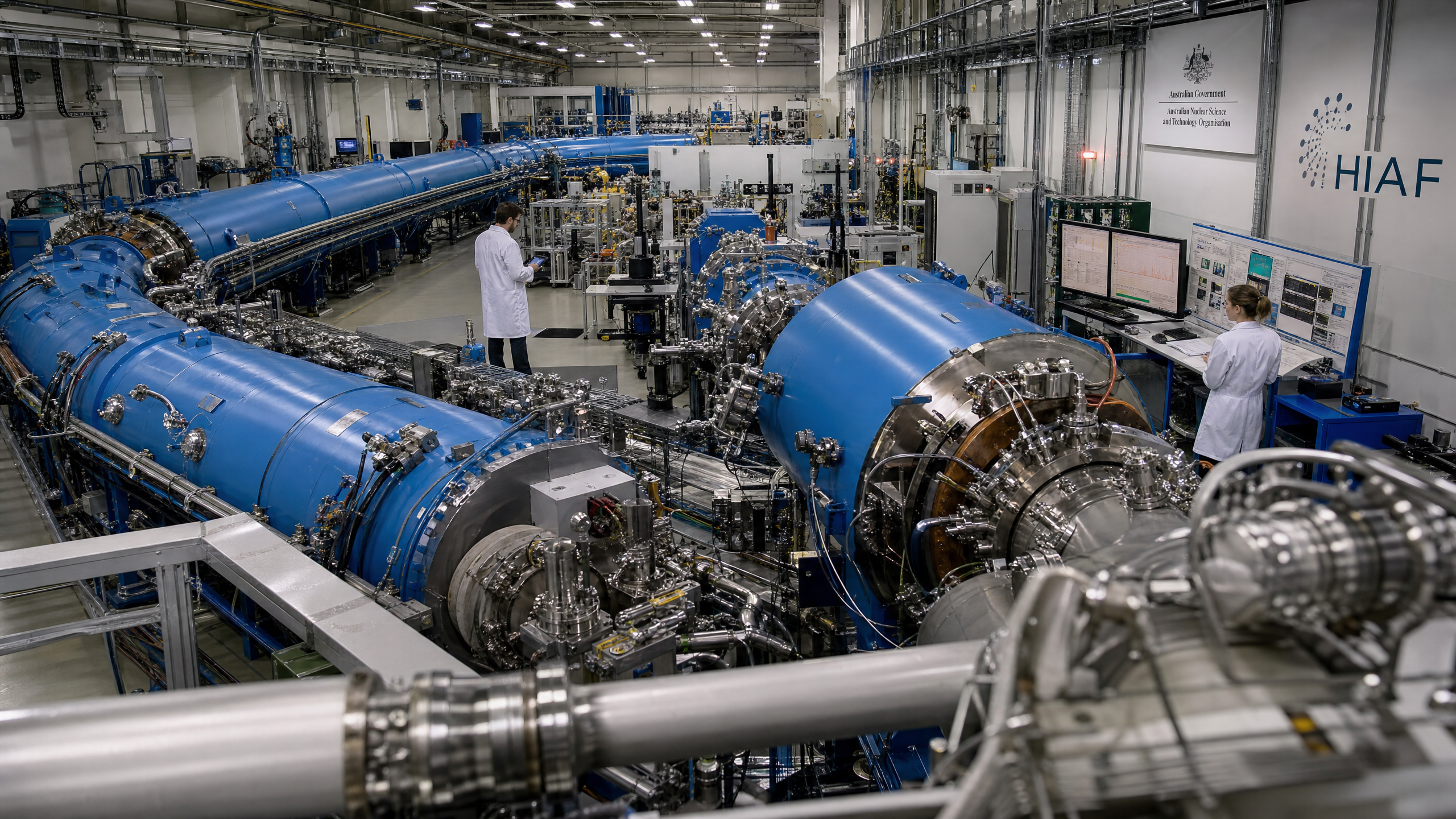 Interior do Heavy Ion Accelerator Facility (HIAF), na Australian National University, em Canberra. O grande acelerador tandem azul é capaz de identificar e contar átomos individuais de Ferro-60 entre trilhões de átomos de ferro estável.