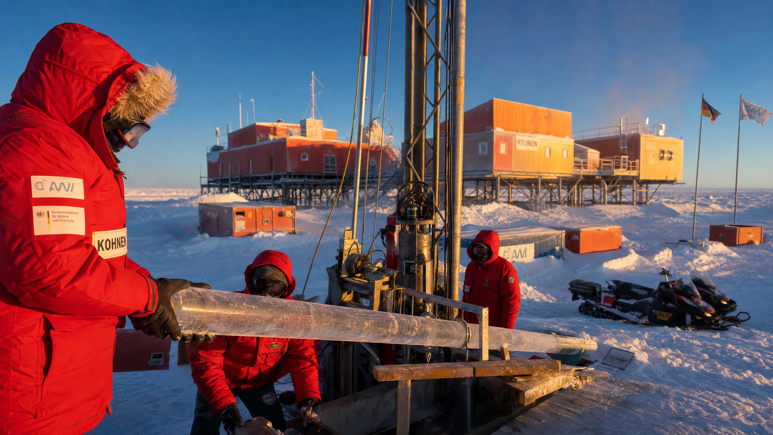 Estação de pesquisa Kohnen, no Dronning Maud Land, Antártida. Cientistas em parkas vermelhas operam o equipamento de perfuração que extrai testemunhos cilíndricos de gelo a partir de centenas de metros de profundidade. Crédito: representação da expedição EPICA-EDML.