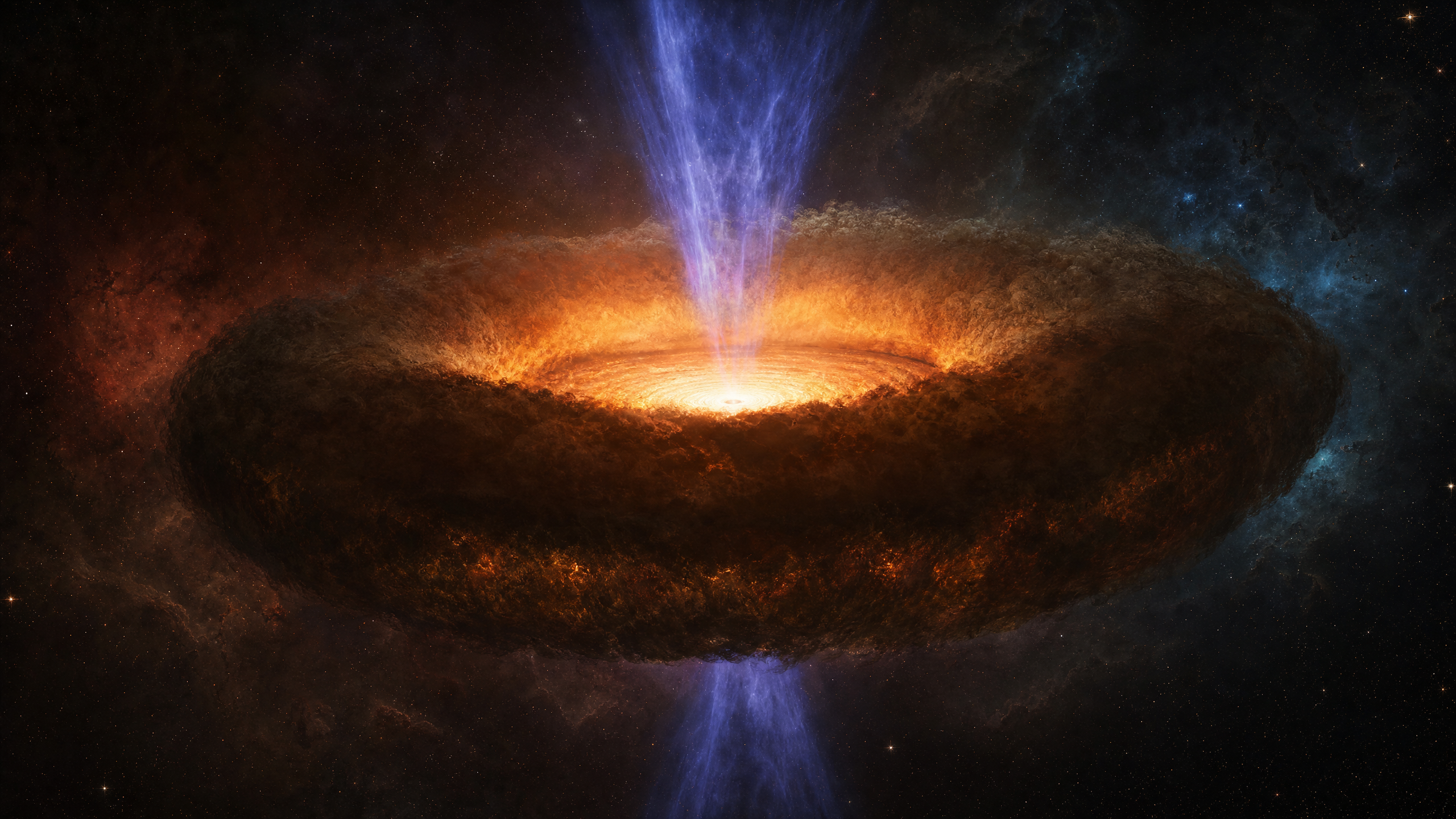 Concepção artística fotorrealista do toro de poeira que envolve um buraco negro supermassivo: um disco espesso em forma de rosca com gradiente térmico de 200 a 1500 K, com a região central iluminada pela emissão do disco de acreção e dois cones de outflow ionizado escapando perpendicularmente. Foi essa estrutura que o JWST conseguiu "fotografar" diretamente.