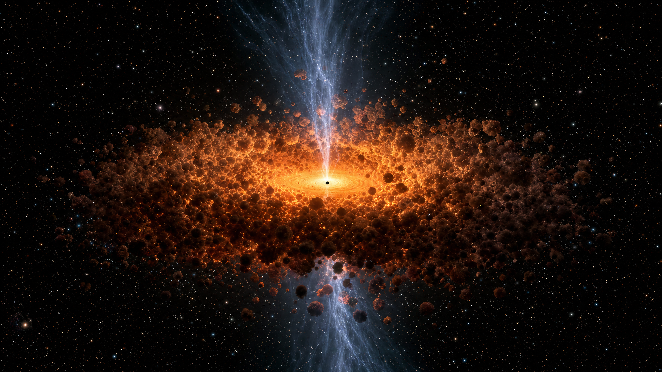 Visualização científica do modelo "clumpy torus": milhares de nuvens individuais de poeira distribuídas em um disco espesso de 5 × 3 parsecs ao redor do buraco negro supermassivo. As lacunas entre as nuvens permitem que parte da radiação do disco de acreção escape em forma de outflows magnetohidrodinâmicos.