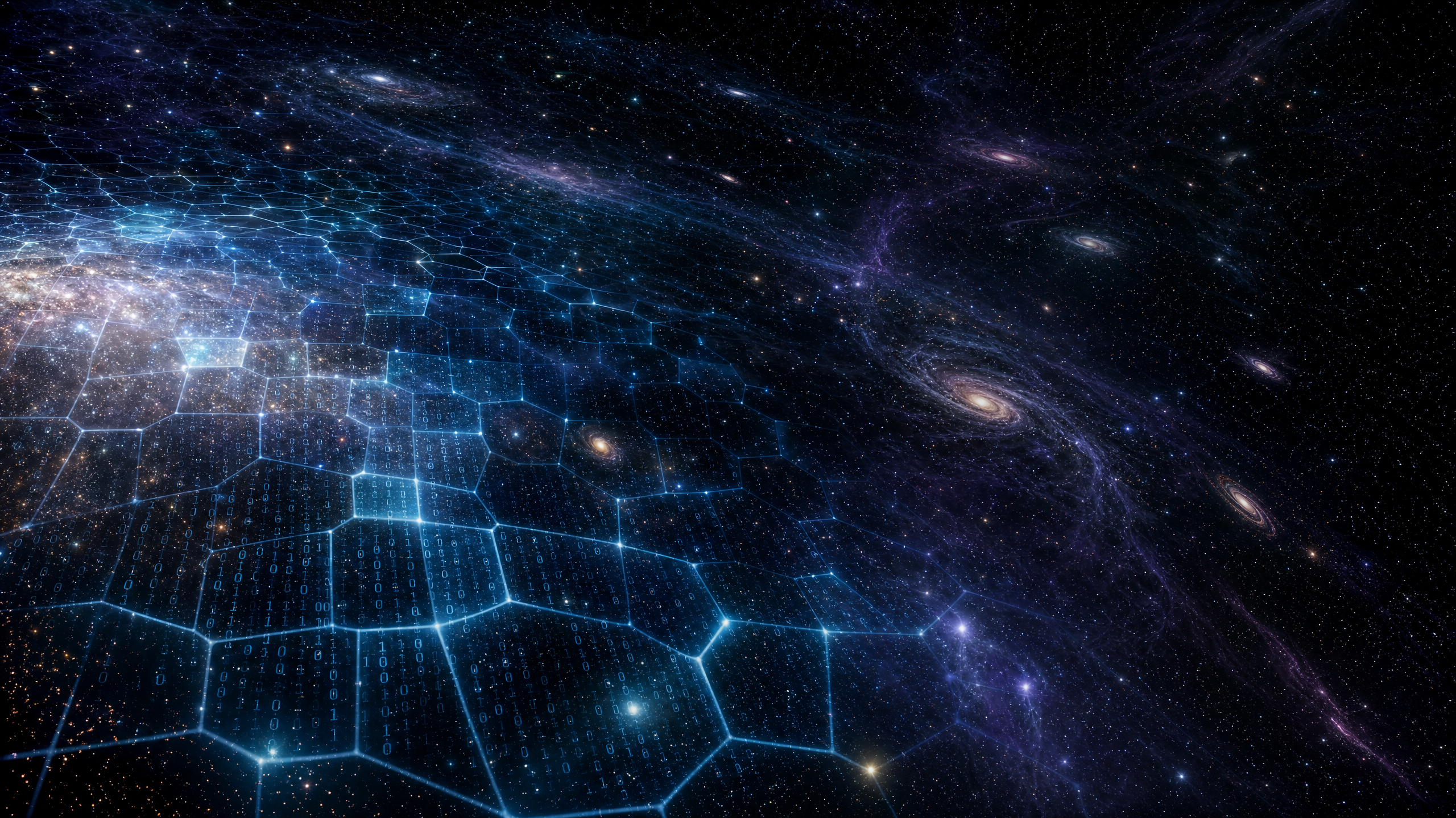 Representação artística do cosmos como uma simulação computacional, com galáxias e nebulosas emergindo de uma malha digital de células luminosas em escala de Planck.