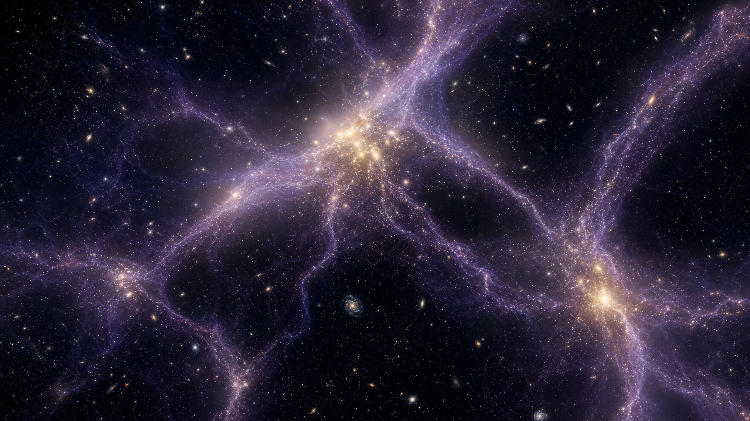 Visualização científica da teia cósmica de matéria escura: filamentos translúcidos de tons púrpura e violeta conectando aglomerados de galáxias, com nós luminosos onde a matéria visível se concentra.