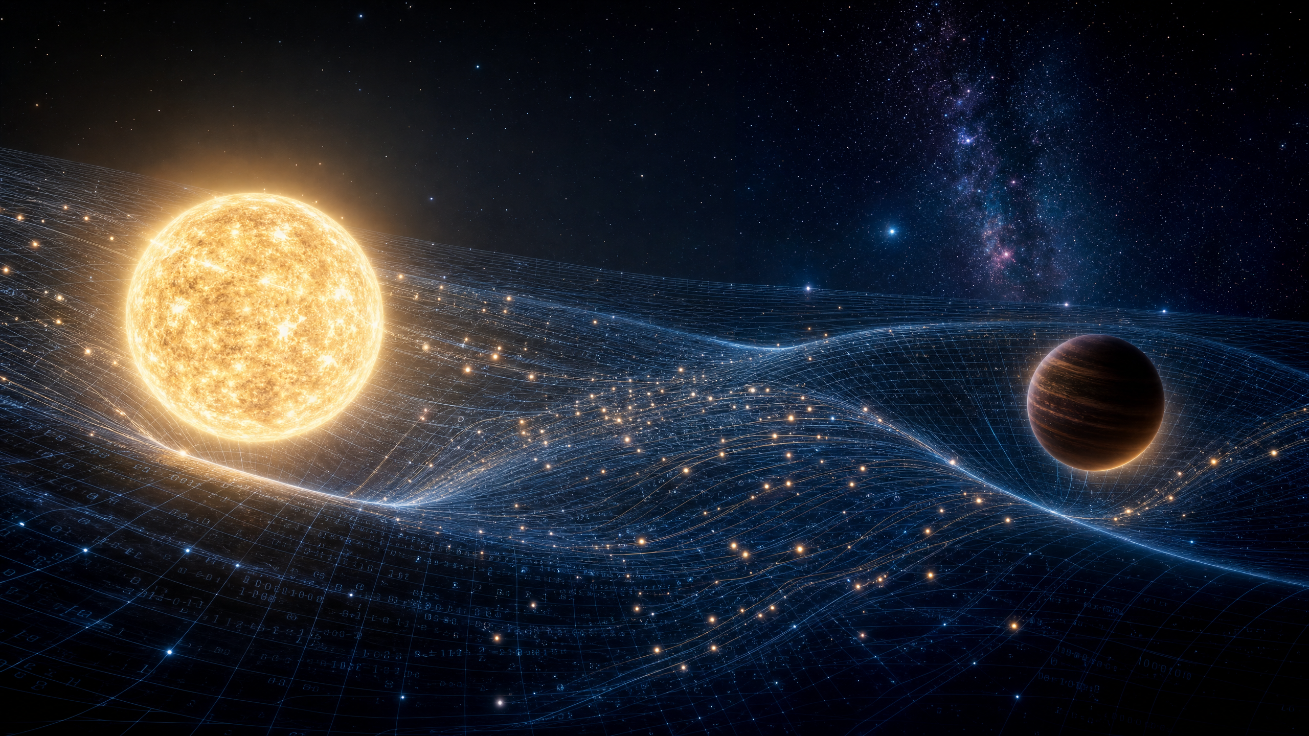 Conceito de gravidade emergindo da informação: dois corpos celestes em meio a uma malha curva de espaço-tempo composta por bits luminosos, com partículas fluindo em direção ao centro de massa.
