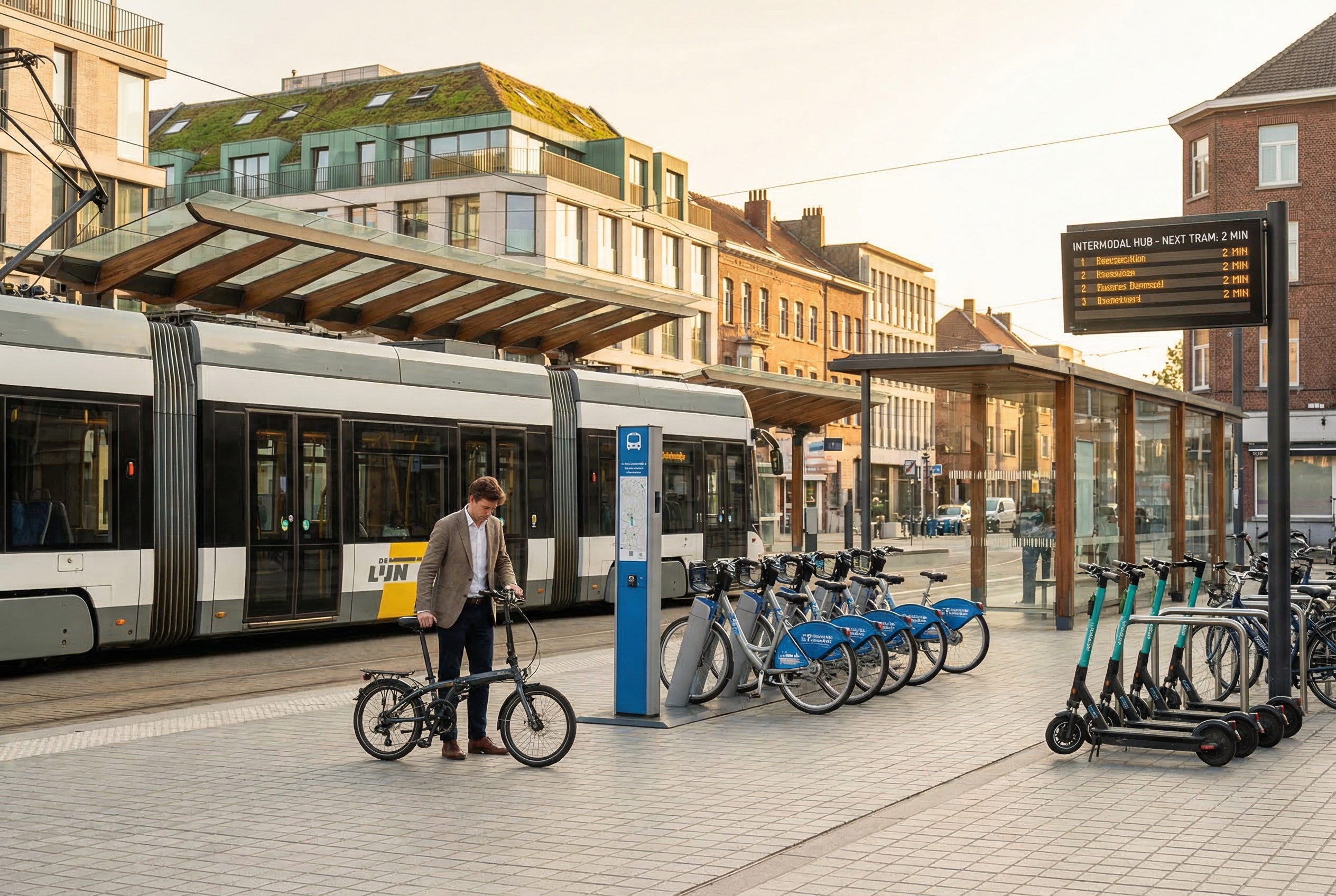 Hub intermodal combinant tram, vélos partagés et trottinettes électriques