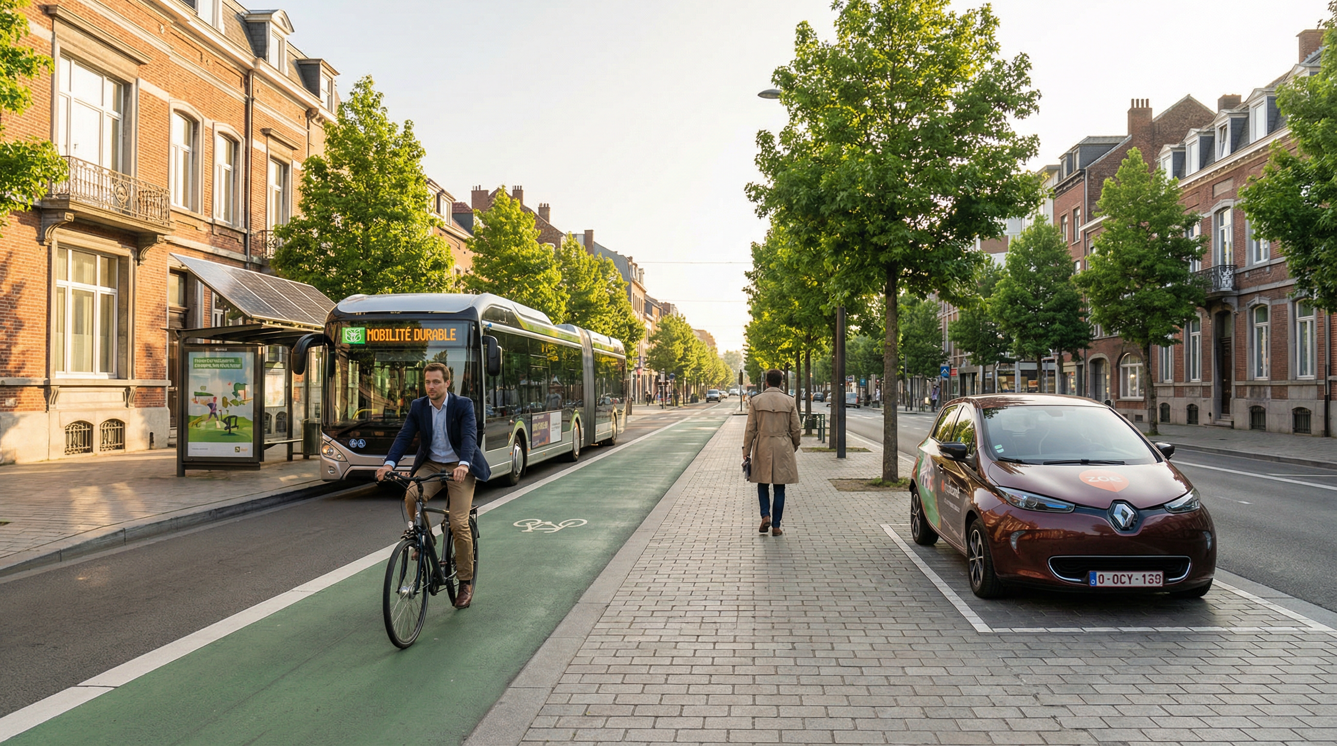 Mobilité multimodale durable dans une ville wallonne : vélo, bus électrique, piéton et autopartage cohabitent dans un environnement urbain repensé.