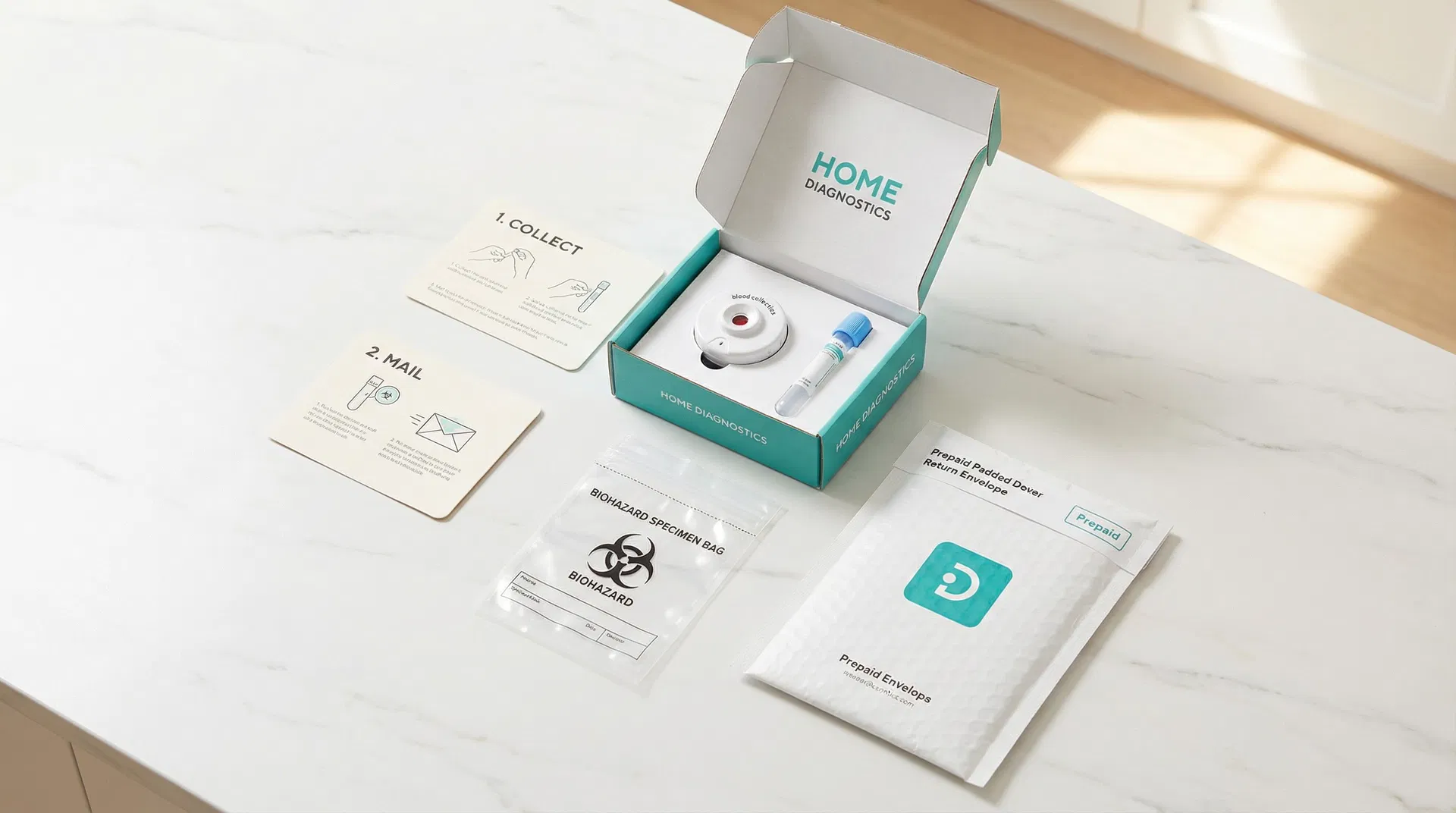 At-home lab collection kit with painless blood device, saliva tube, and specimen supplies