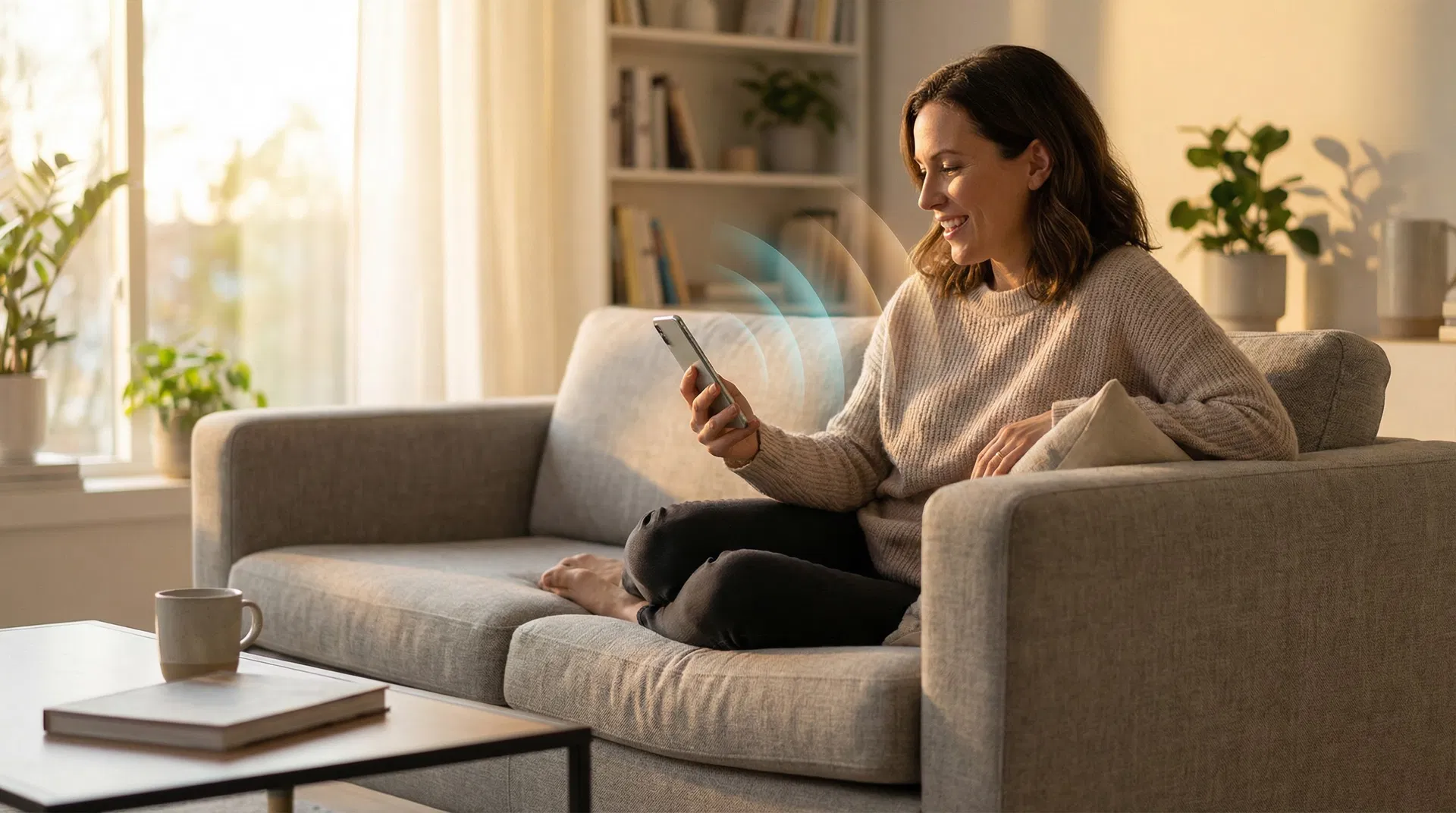 Woman speaking to AI voice health assistant on her phone in a comfortable home setting