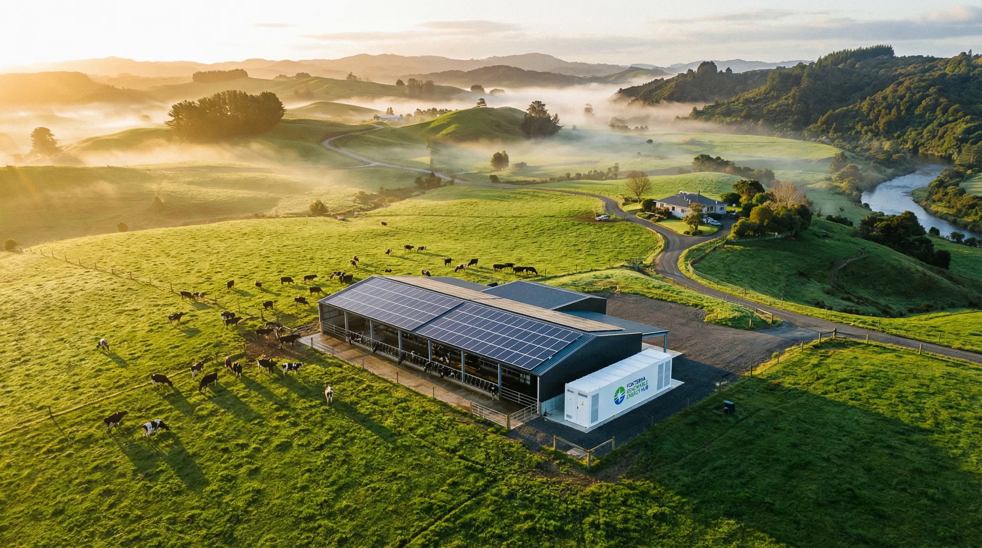 Aerial view of a New Zealand dairy farm with solar panels and battery storage at sunrise