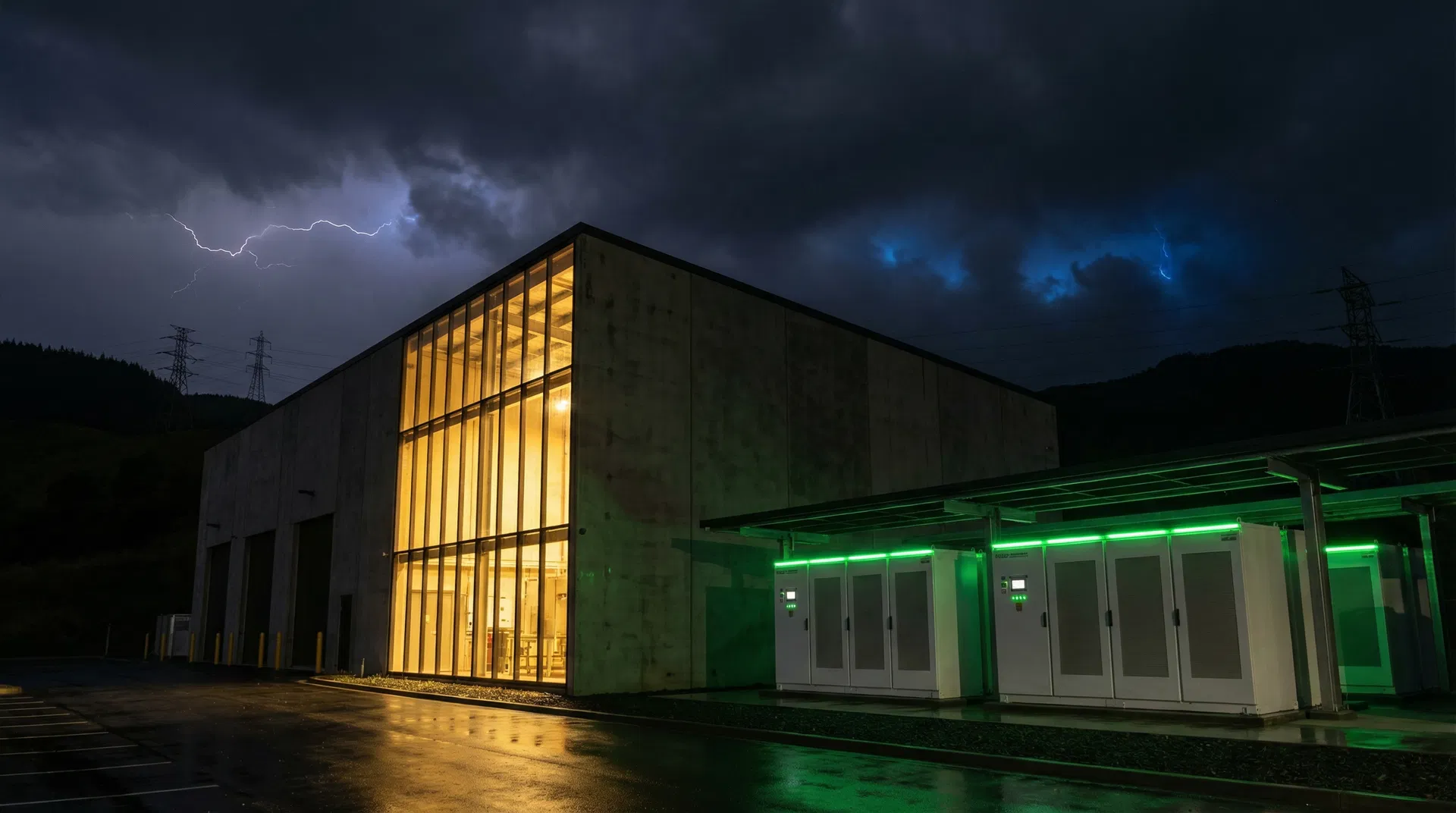 Industrial facility illuminated during a storm with battery storage cabinets glowing green, demonstrating power resilience