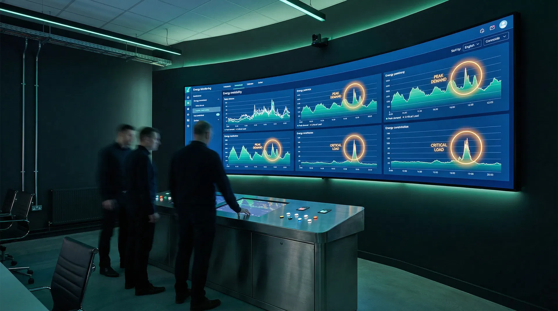 Energy monitoring control room with peak demand dashboard displays