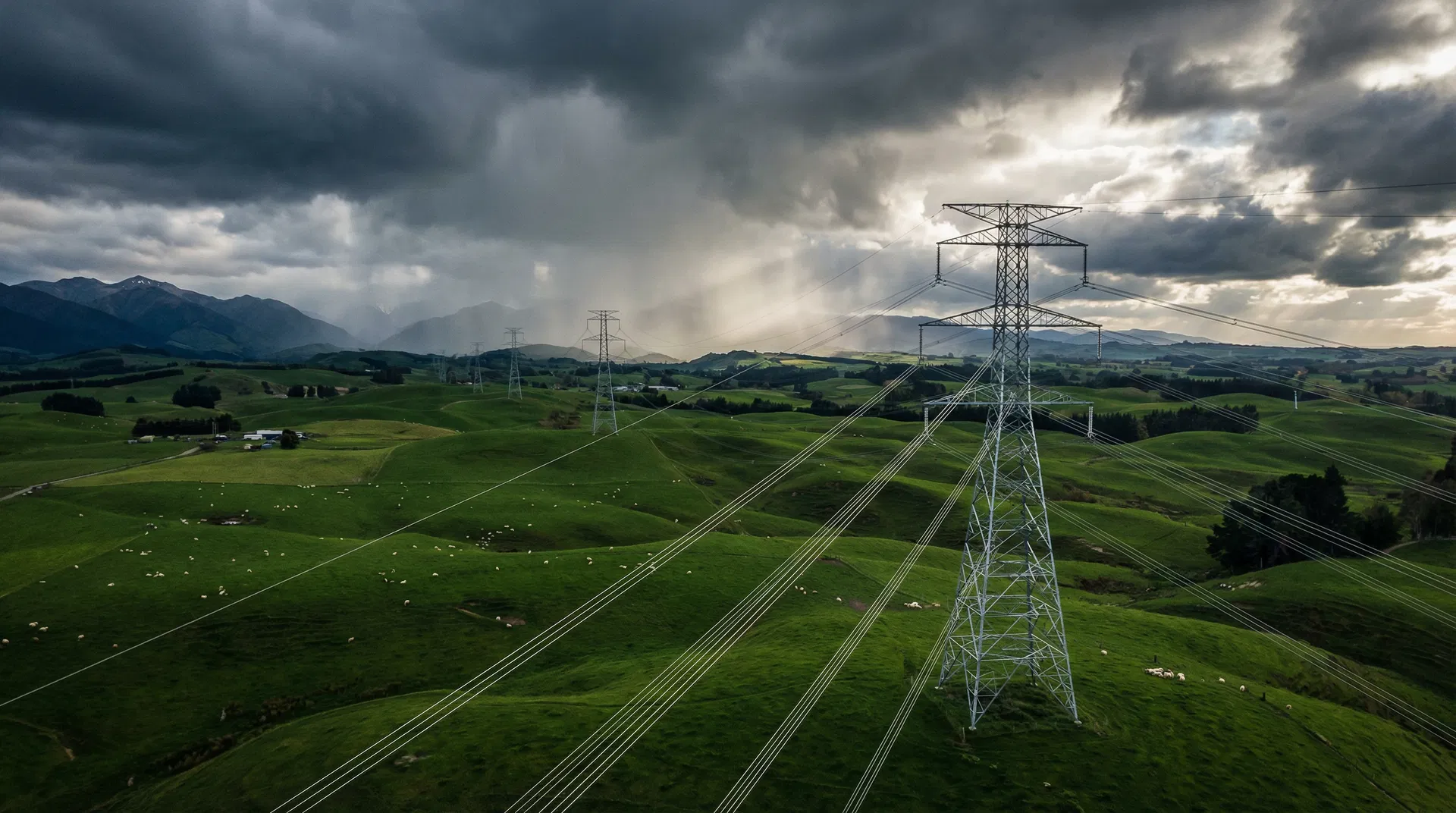 High-voltage transmission towers stretching across green New Zealand farmland under dramatic skies