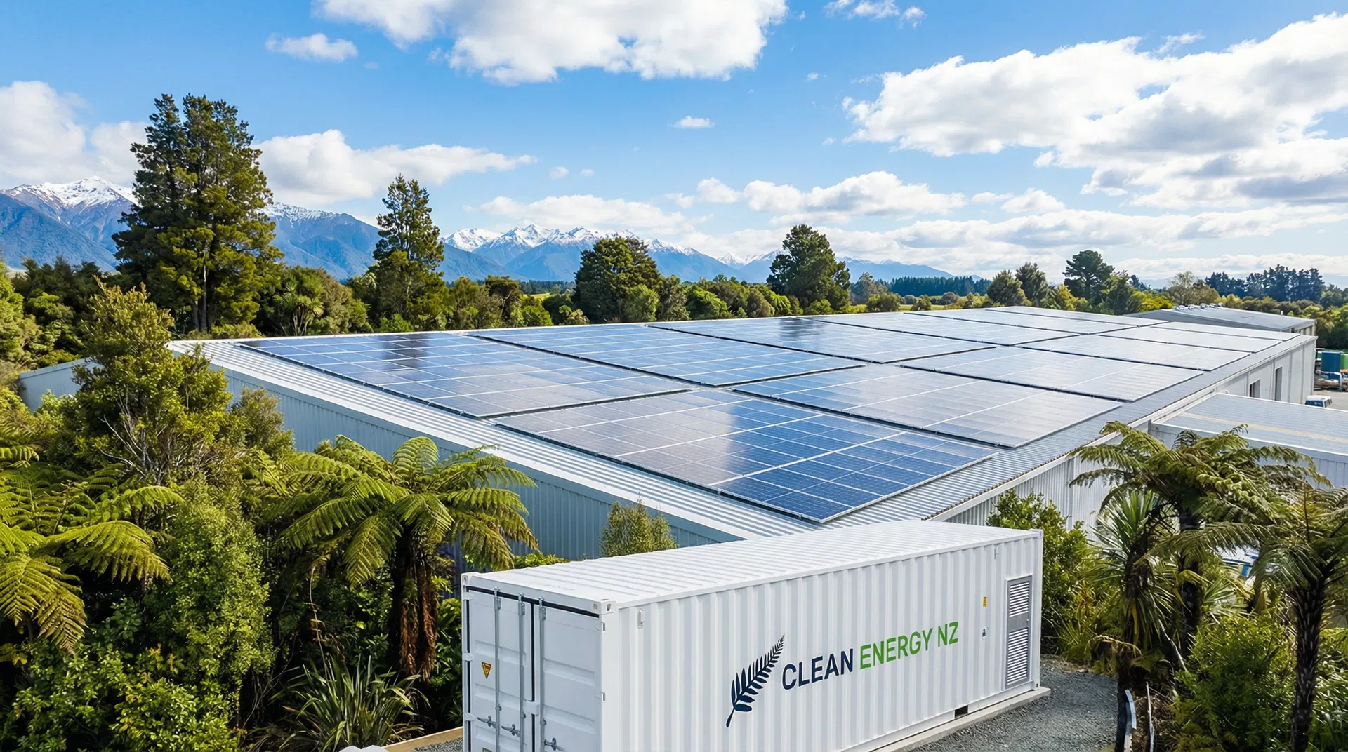 Solar panels on a warehouse rooftop with battery storage container and New Zealand mountains