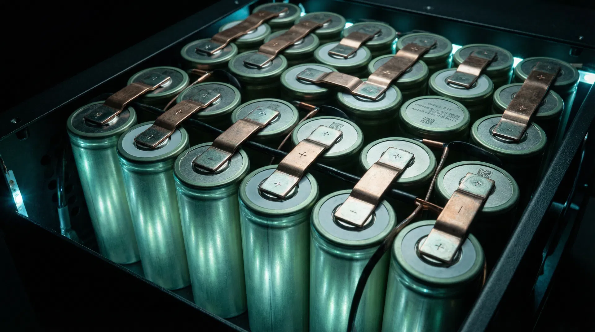 Close-up of lithium iron phosphate battery cells inside a commercial storage cabinet